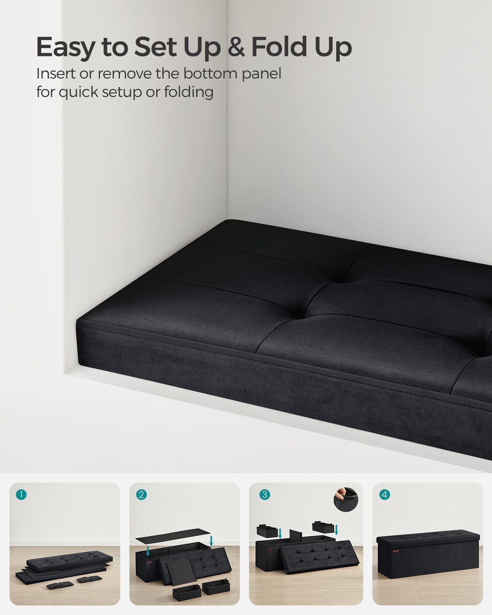 Foldable Storage Ottoman - Velvet - Ink Black - Includes 2 Extra Storage Boxes