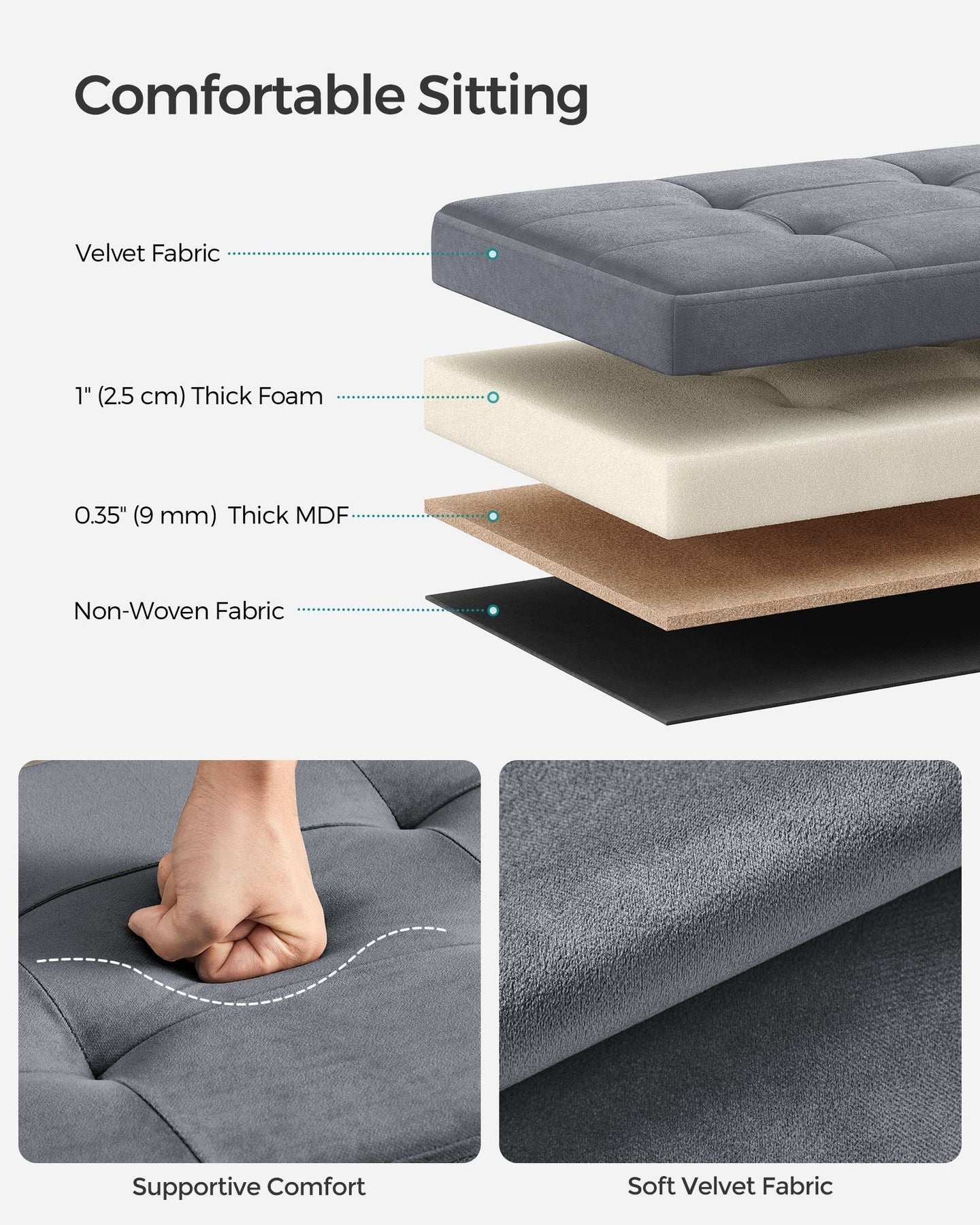 Foldable Storage Ottoman - Velvet - Slate Grey - Load Capacity 300 kg