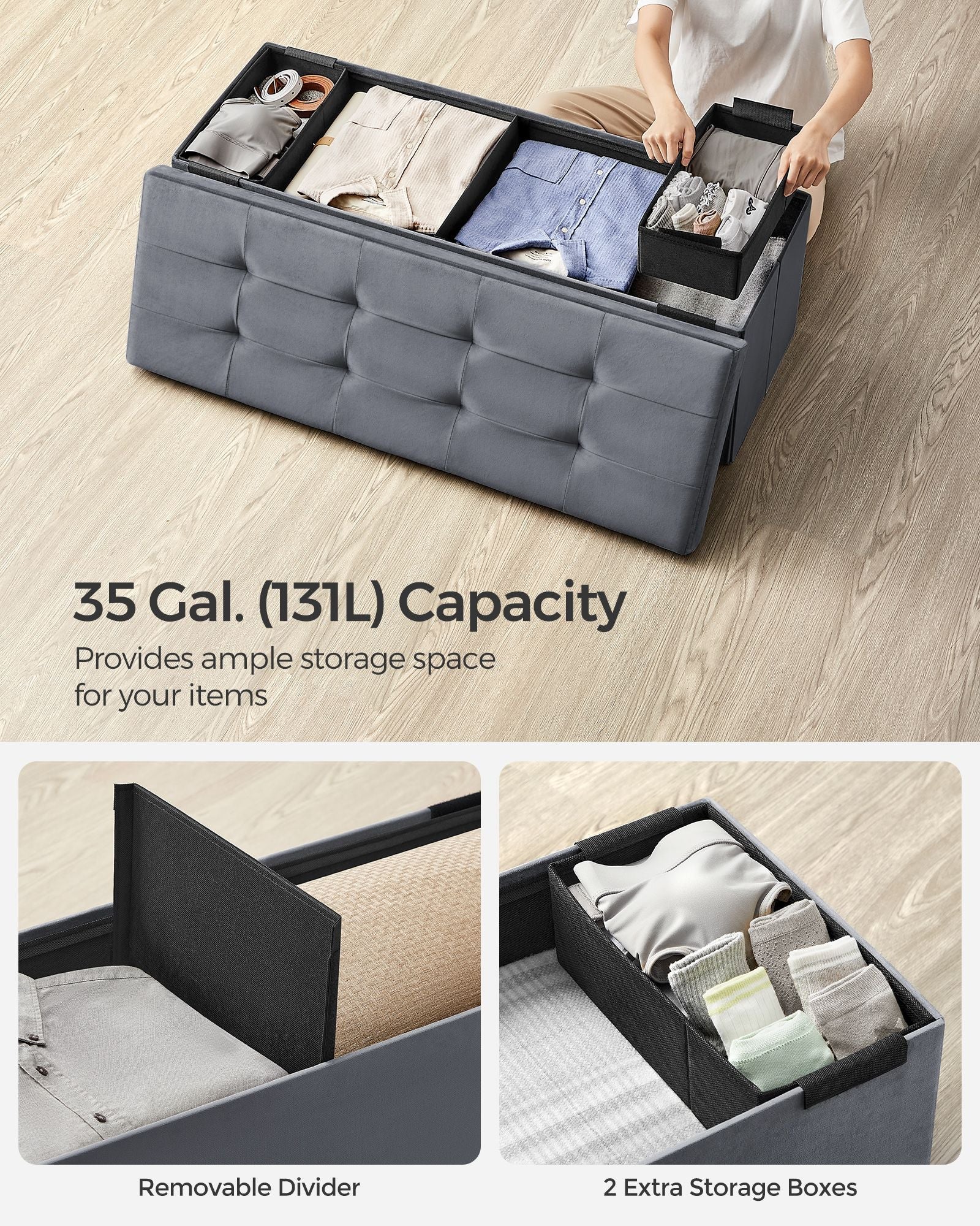 Foldable Storage Ottoman - Velvet - Slate Grey - Load Capacity 300 kg