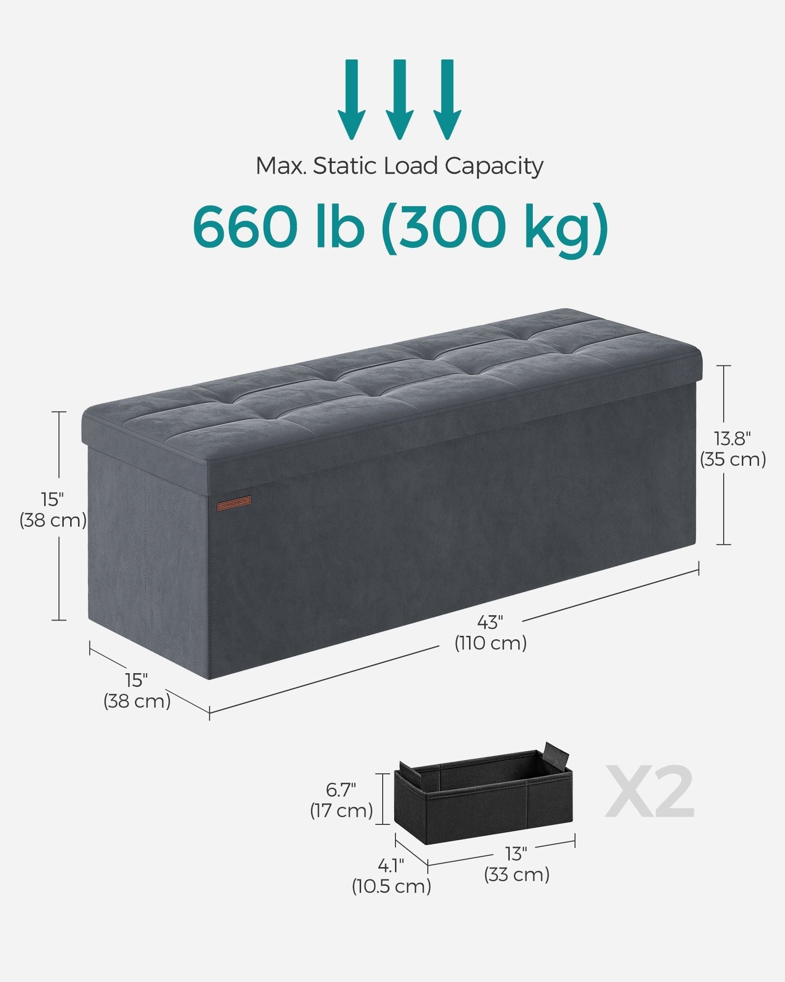 Foldable Storage Ottoman - Velvet - Slate Grey - Load Capacity 300 kg