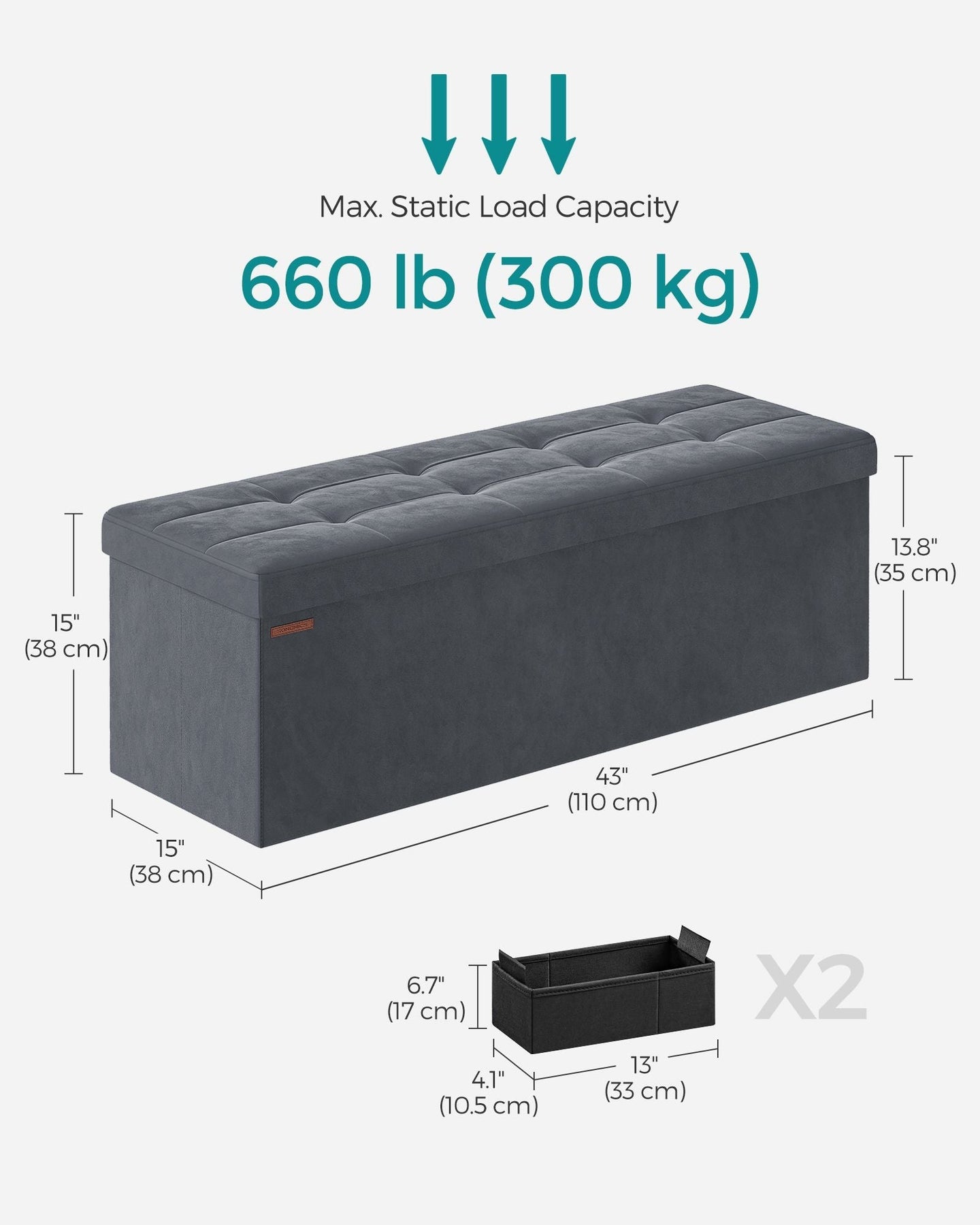 Foldable Storage Ottoman - Velvet - Slate Grey - Load Capacity 300 kg