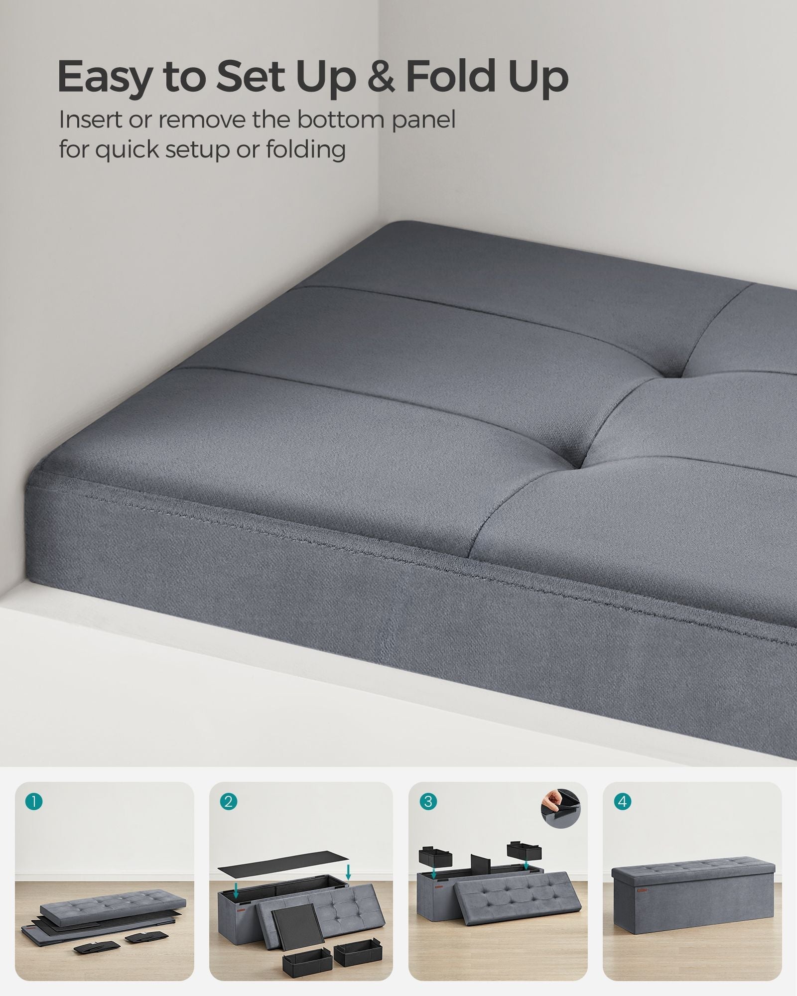 Foldable Storage Ottoman - Velvet - Slate Grey - Load Capacity 300 kg