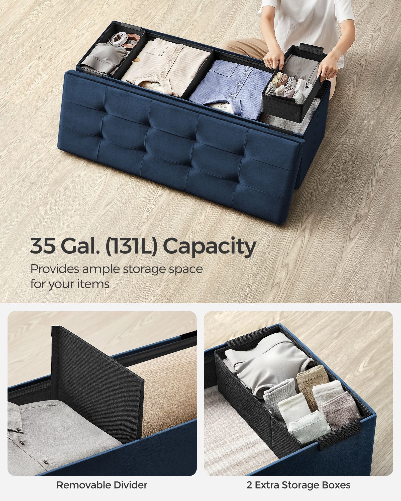 Foldable Storage Ottoman - Velvet - Midnight Blue - Includes 2 Extra Storage Boxes