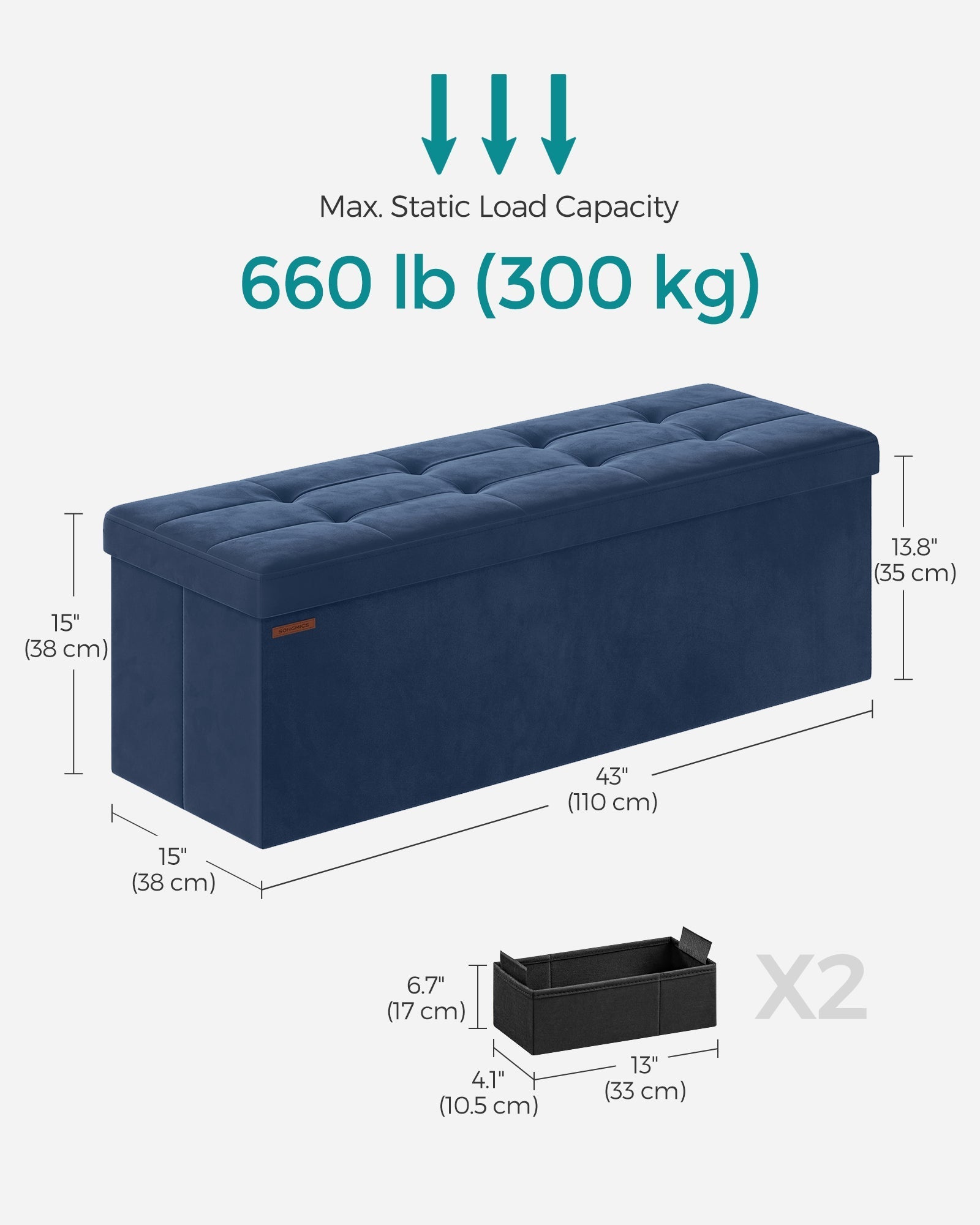 Foldable Storage Ottoman - Velvet - Midnight Blue - Includes 2 Extra Storage Boxes