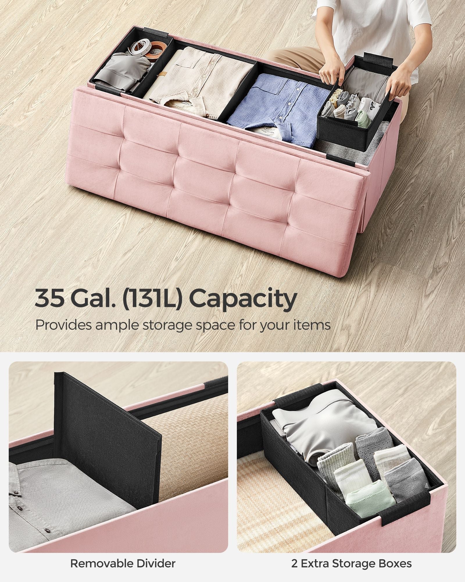 Foldable Storage Ottoman - Velvet - Jelly Pink - 300 kg Load Capacity