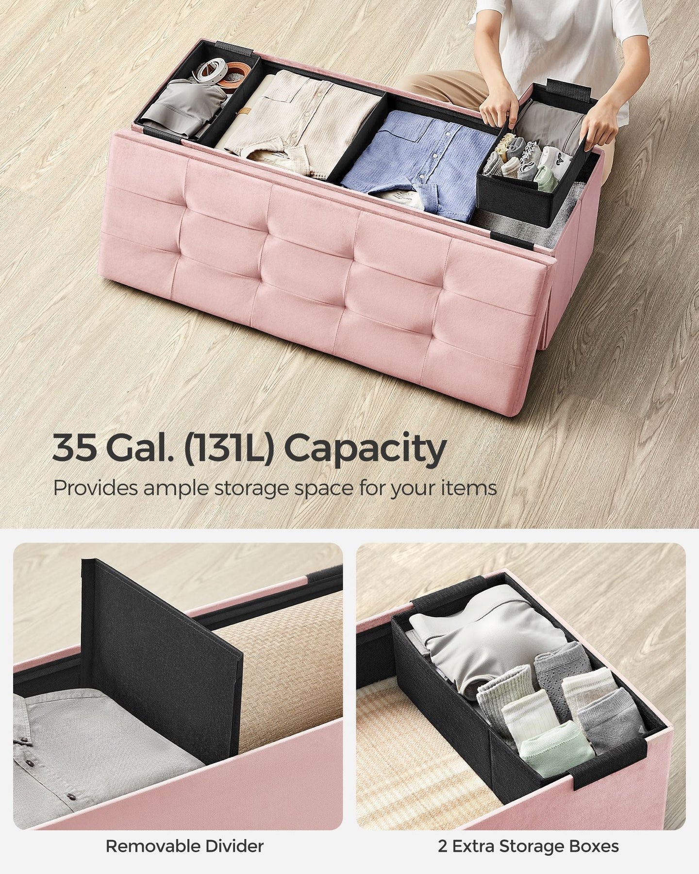 Foldable Storage Ottoman - Velvet - Jelly Pink - 300 kg Load Capacity