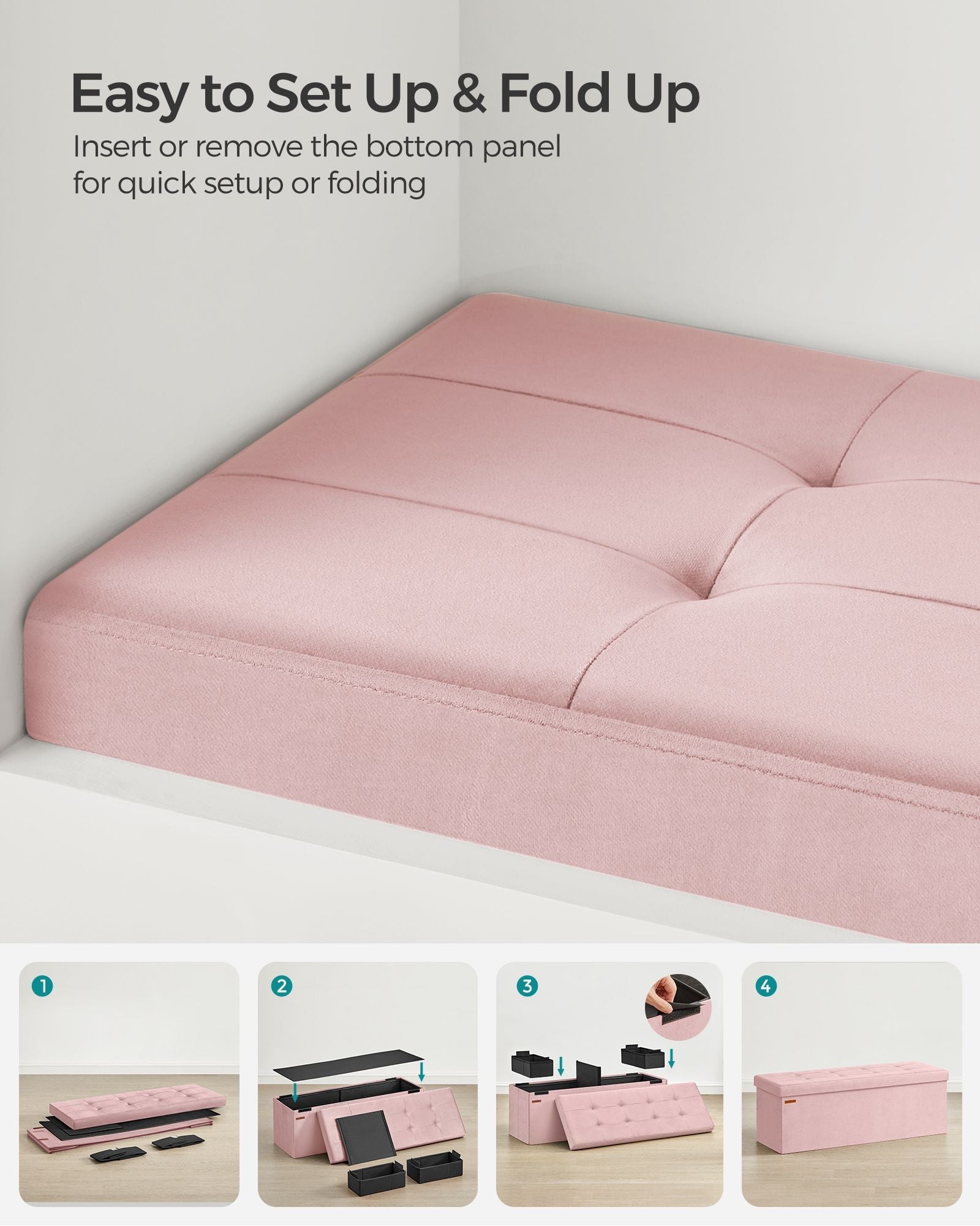 Foldable Storage Ottoman - Velvet - Jelly Pink - 300 kg Load Capacity