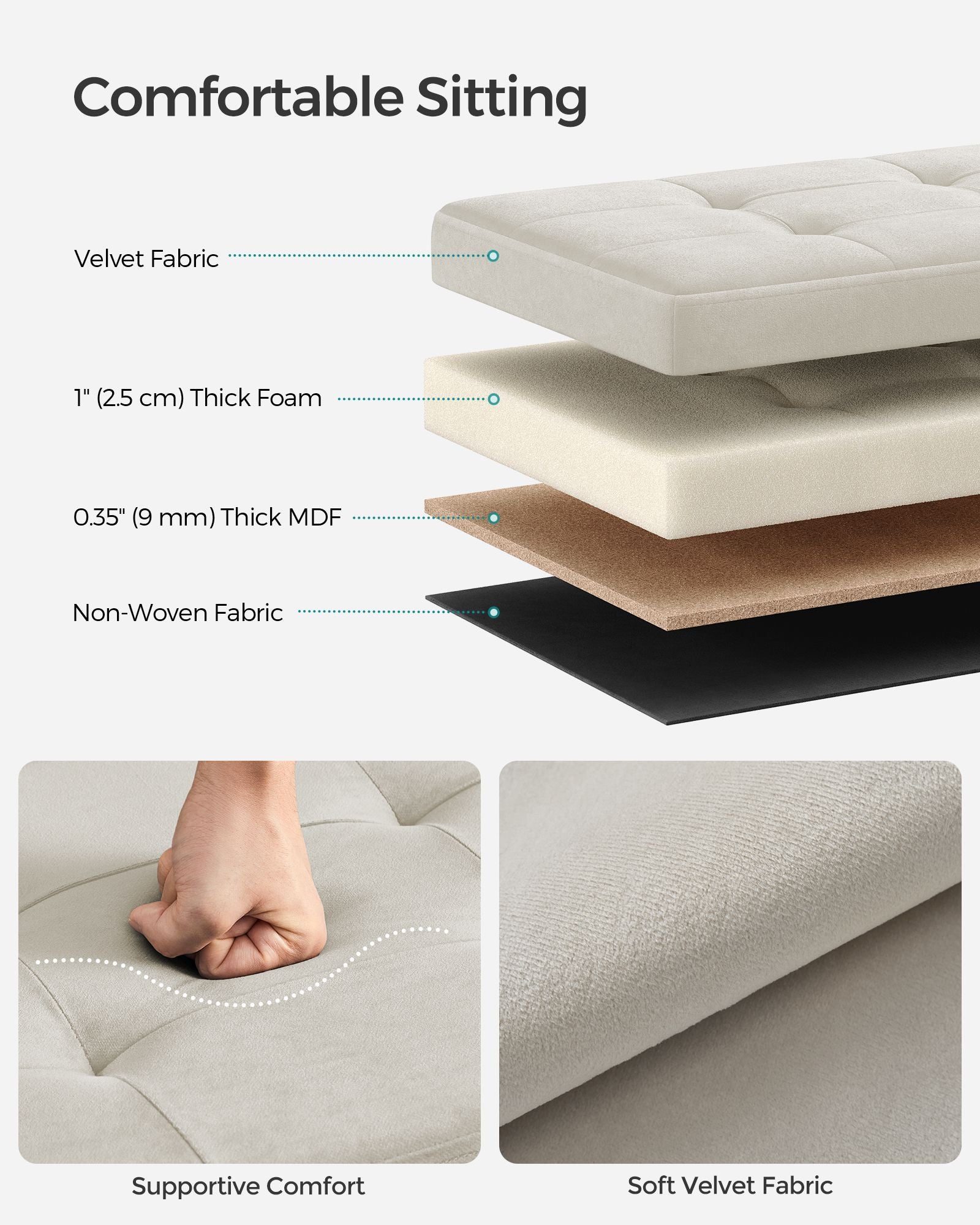 Foldable Storage Ottoman Bench - Velvet - Cream White - Includes Extra Storage Boxes