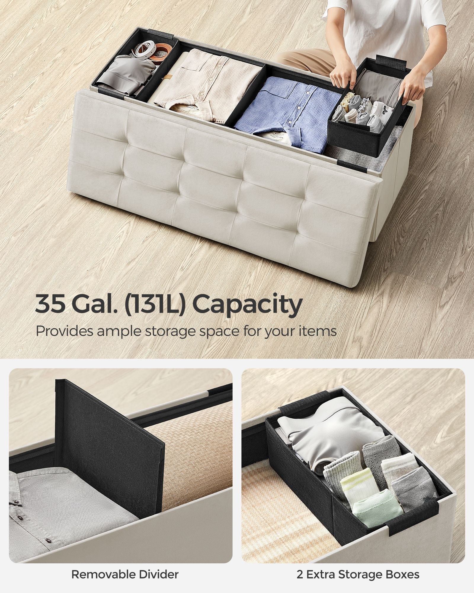 Foldable Storage Ottoman Bench - Velvet - Cream White - Includes Extra Storage Boxes