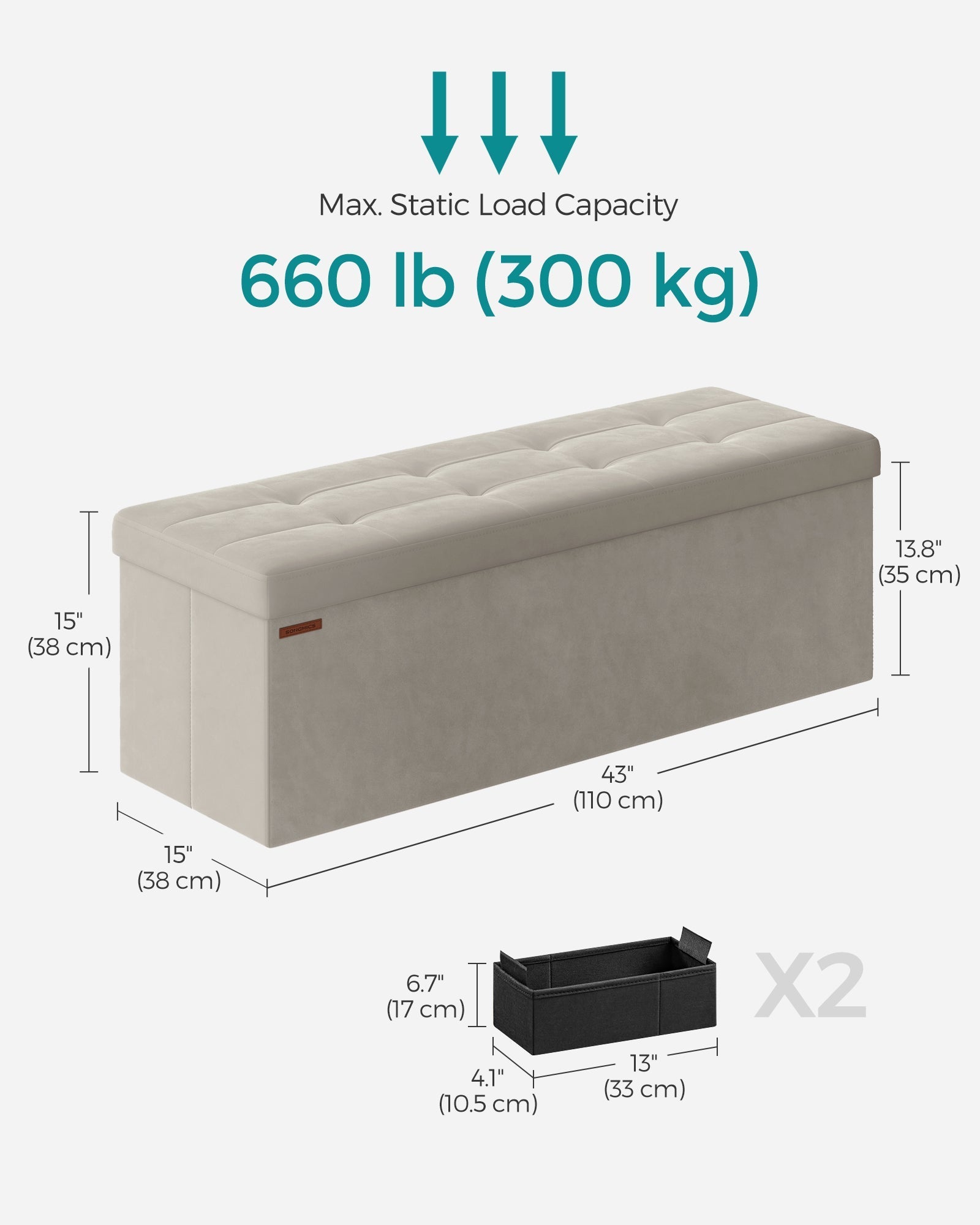 Foldable Storage Ottoman Bench - Velvet - Cream White - Includes Extra Storage Boxes