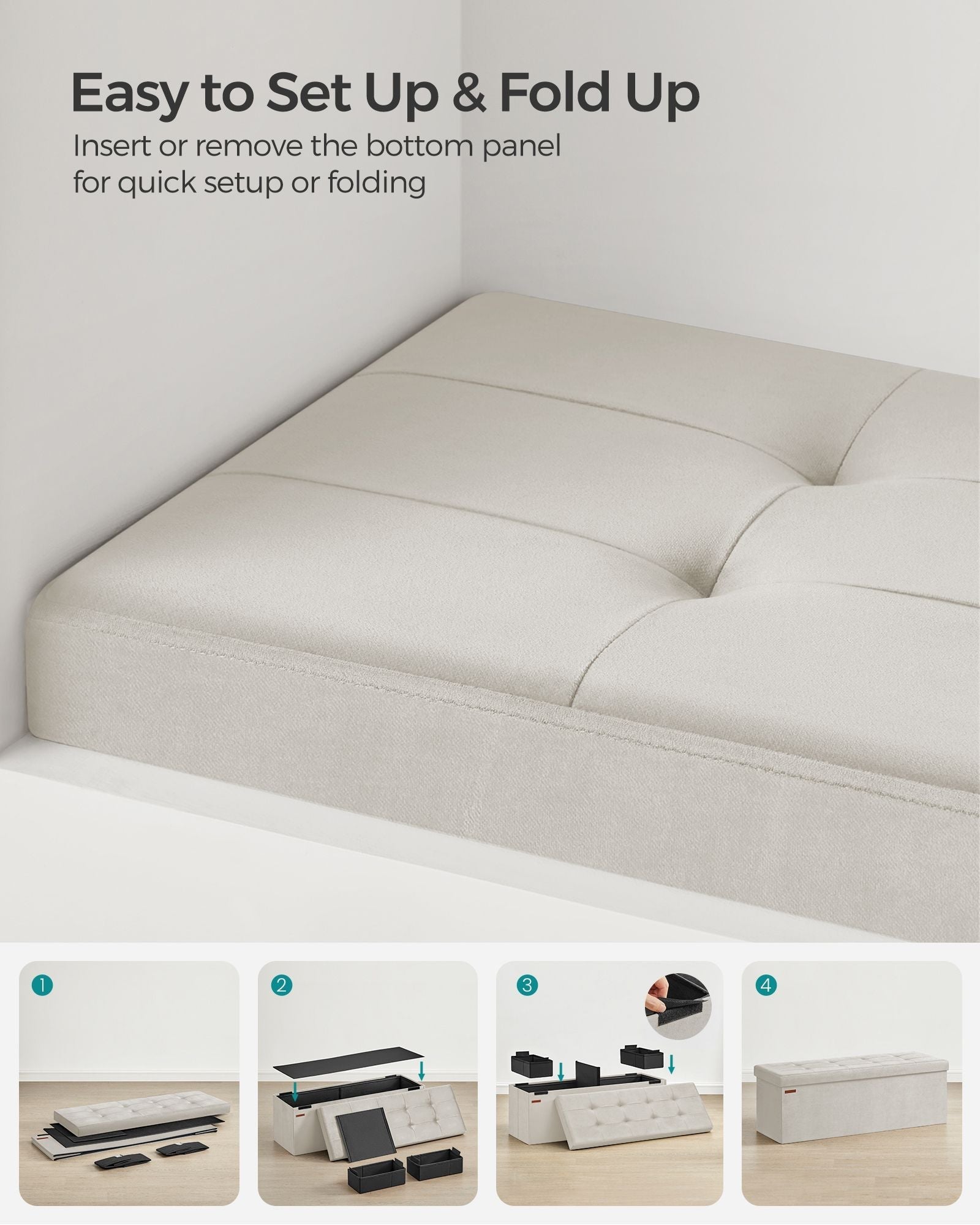 Foldable Storage Ottoman Bench - Velvet - Cream White - Includes Extra Storage Boxes