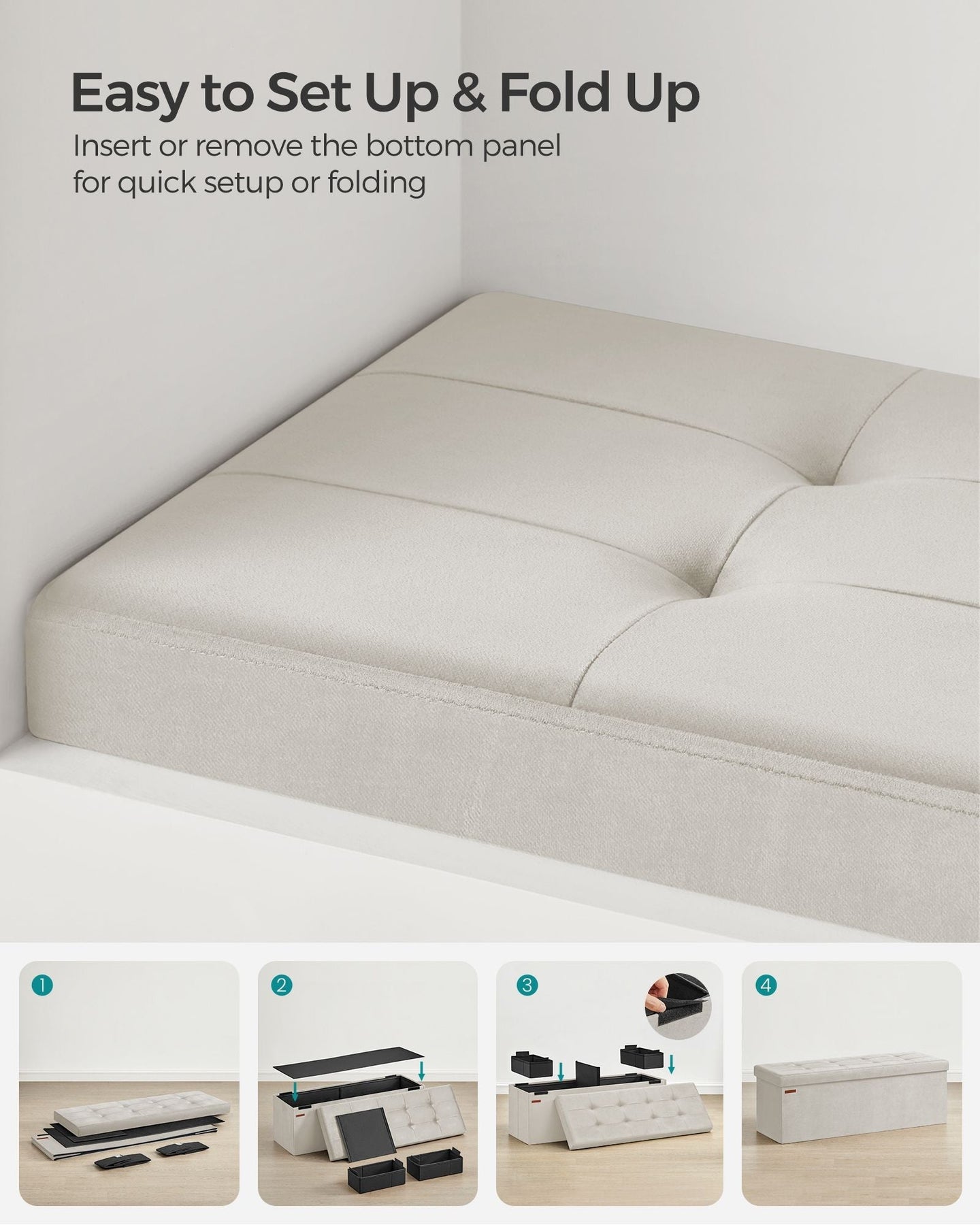 Foldable Storage Ottoman Bench - Velvet - Cream White - Includes Extra Storage Boxes