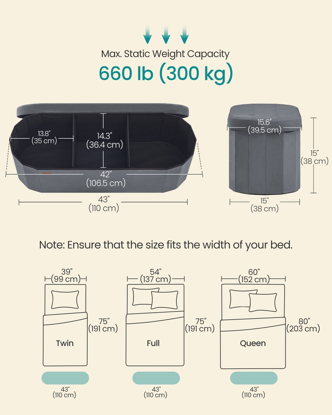 Storage Ottoman Bench - 110L - MDF - Folding Design