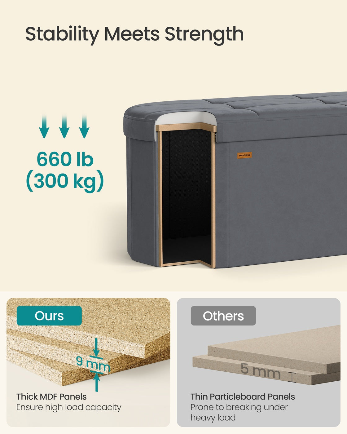 Storage Ottoman Bench - 110L - MDF - Folding Design