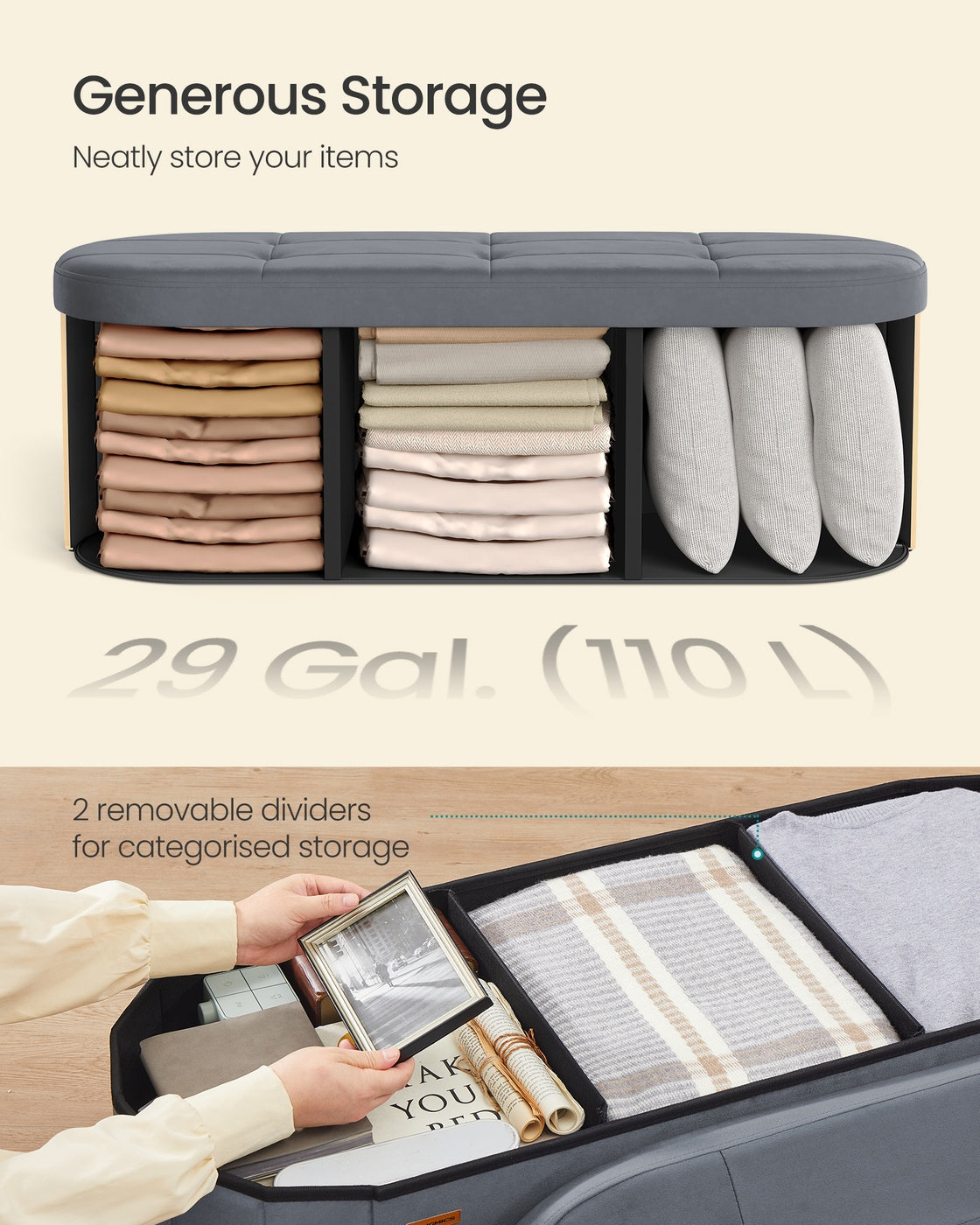 Storage Ottoman Bench - 110L - MDF - Folding Design