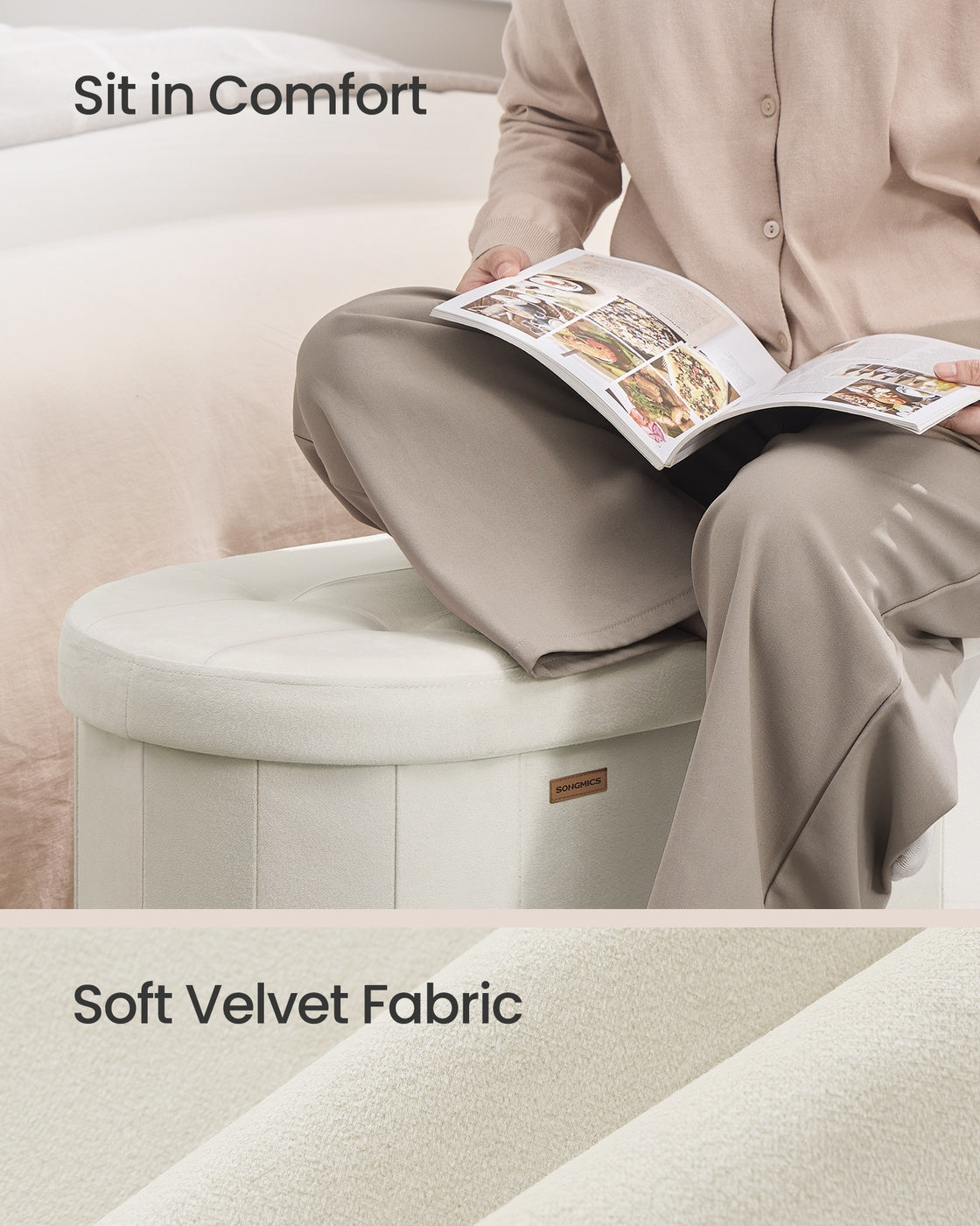 Storage Ottoman Bench - 110L - Velvet Fabric - Folding Foot Rest