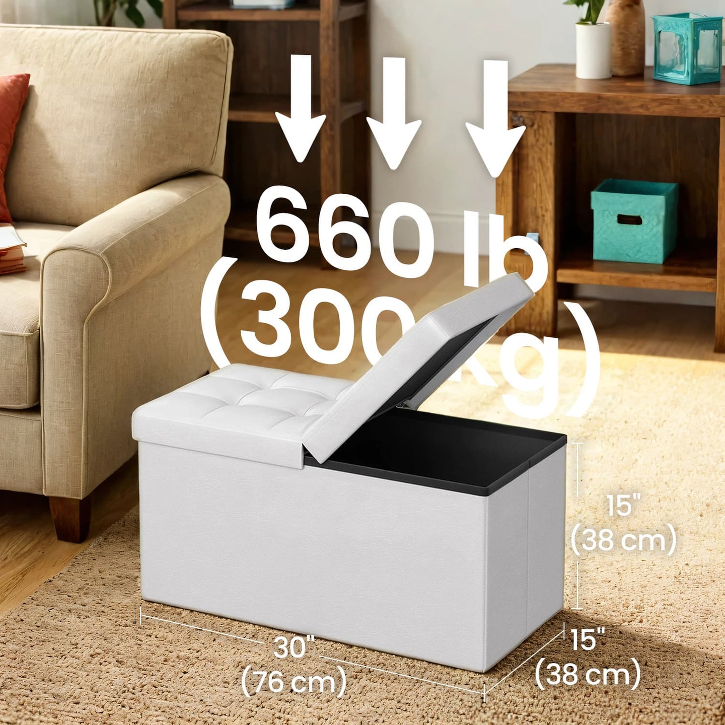 Ottoman Bench - PU Leather - Black - Folding with Storage Space