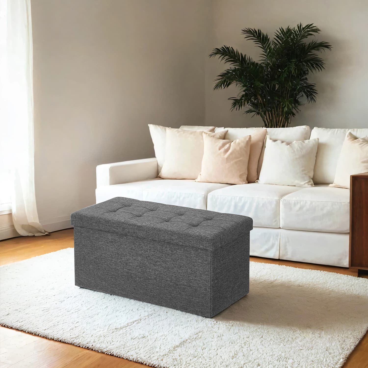 Linen Look Ottoman - Foam - Dark Grey - Folding Design