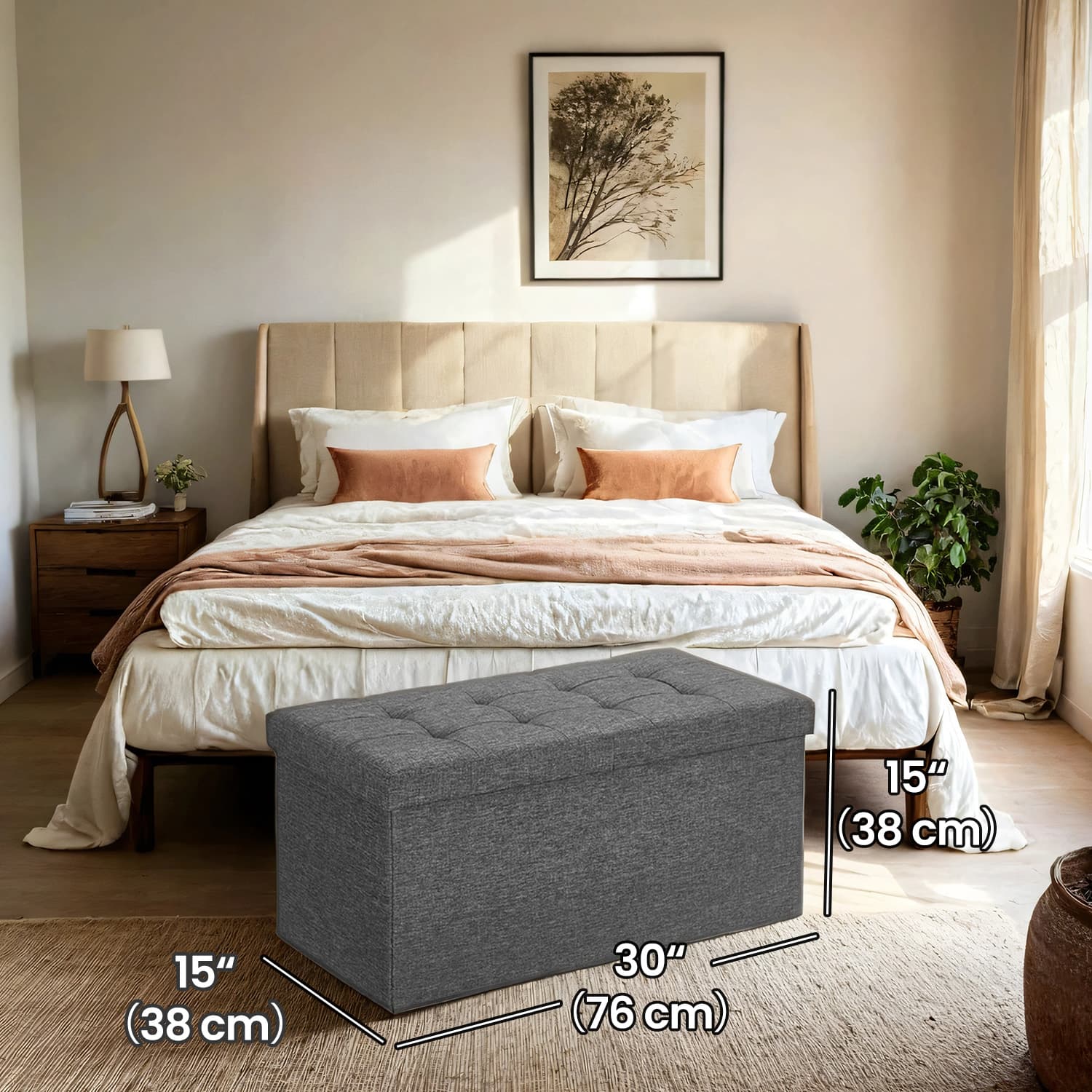 Linen Look Ottoman - Foam - Dark Grey - Folding Design