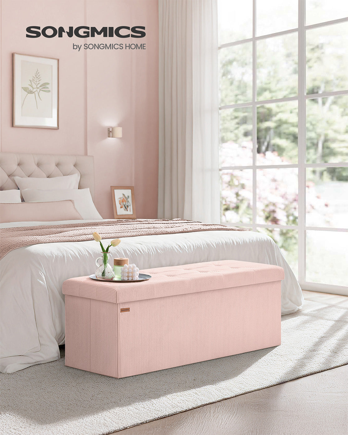 Foldable Storage Ottoman Bench - Fabric - Jelly Pink - Versatile Foot Rest and Storage Solution