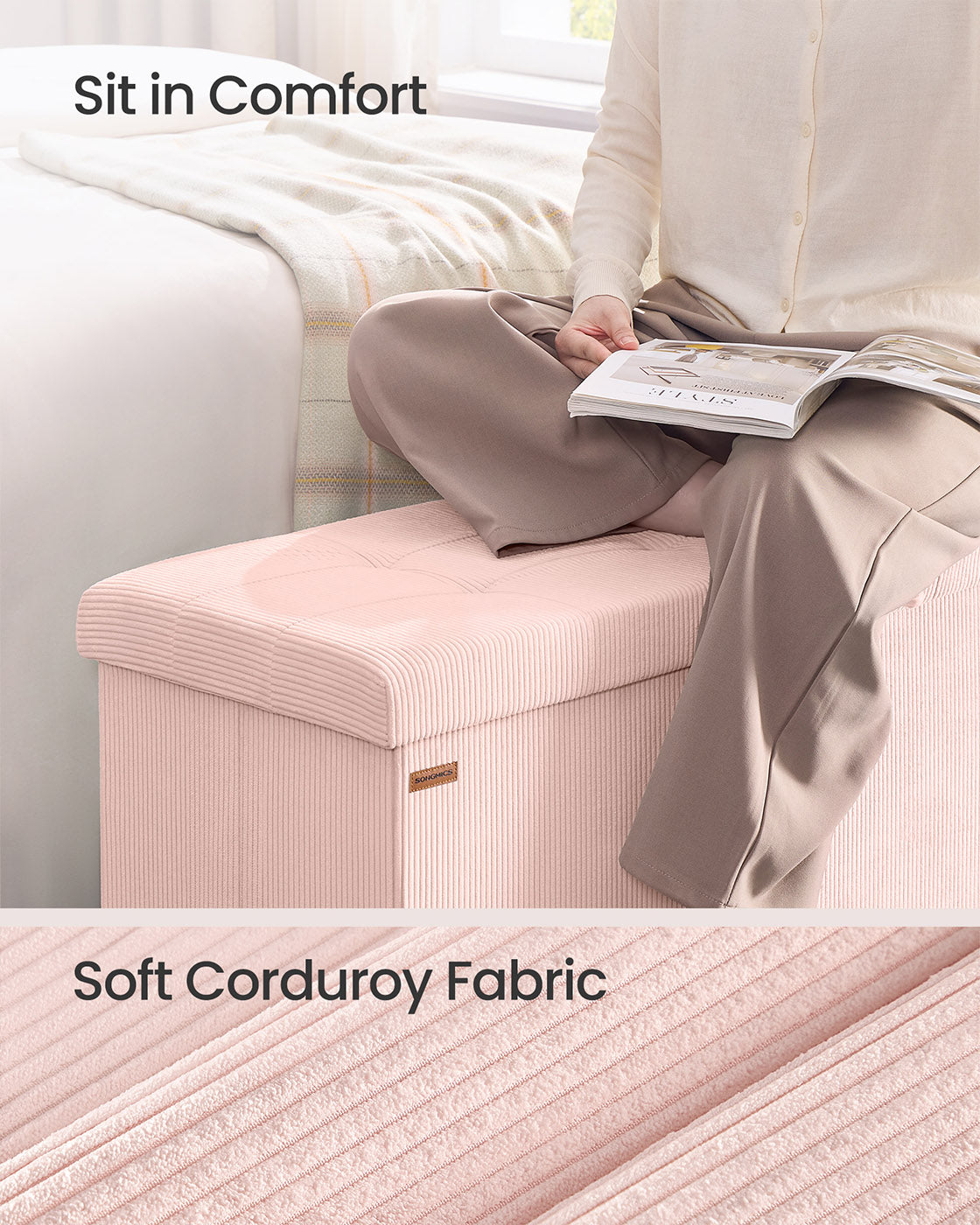 Foldable Storage Ottoman Bench - Fabric - Jelly Pink - Versatile Foot Rest and Storage Solution