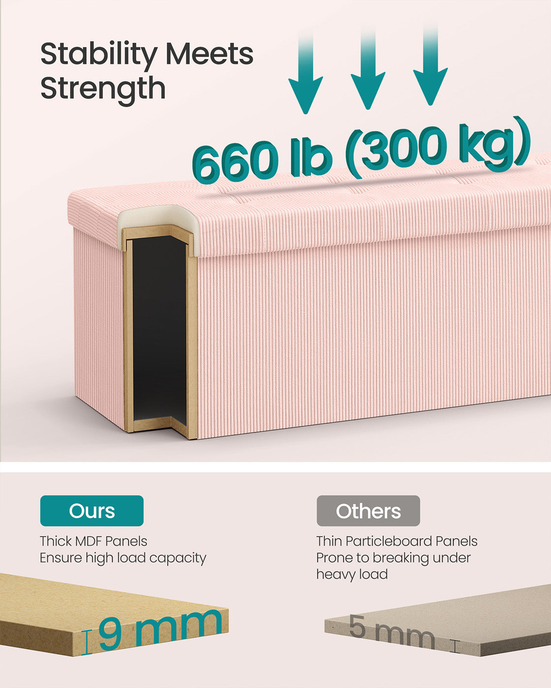 Foldable Storage Ottoman Bench - Fabric - Jelly Pink - Versatile Foot Rest and Storage Solution