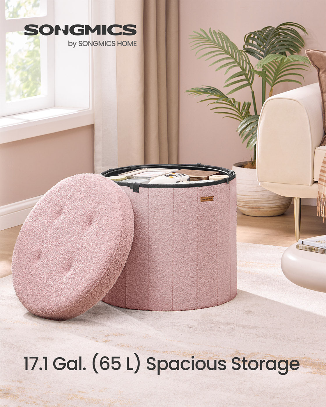 Round Storage Ottoman - Jelly Pink - Teddy Fleece