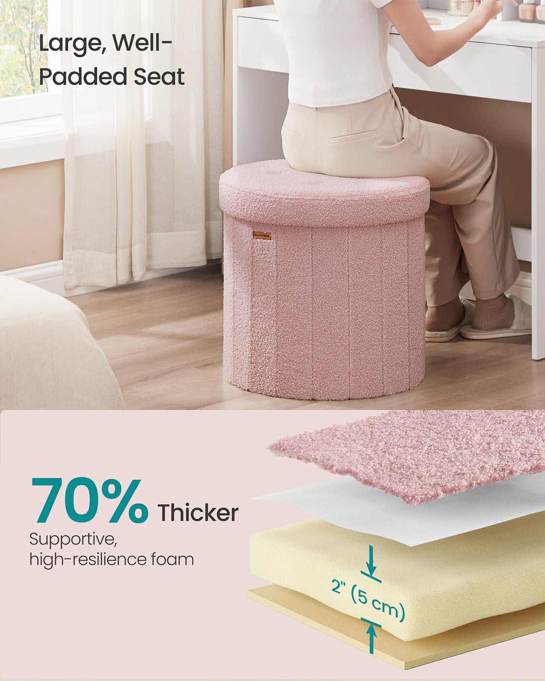 Round Storage Ottoman - Jelly Pink - Teddy Fleece