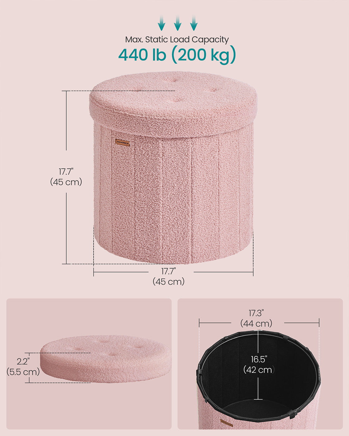 Round Storage Ottoman - Jelly Pink - Teddy Fleece