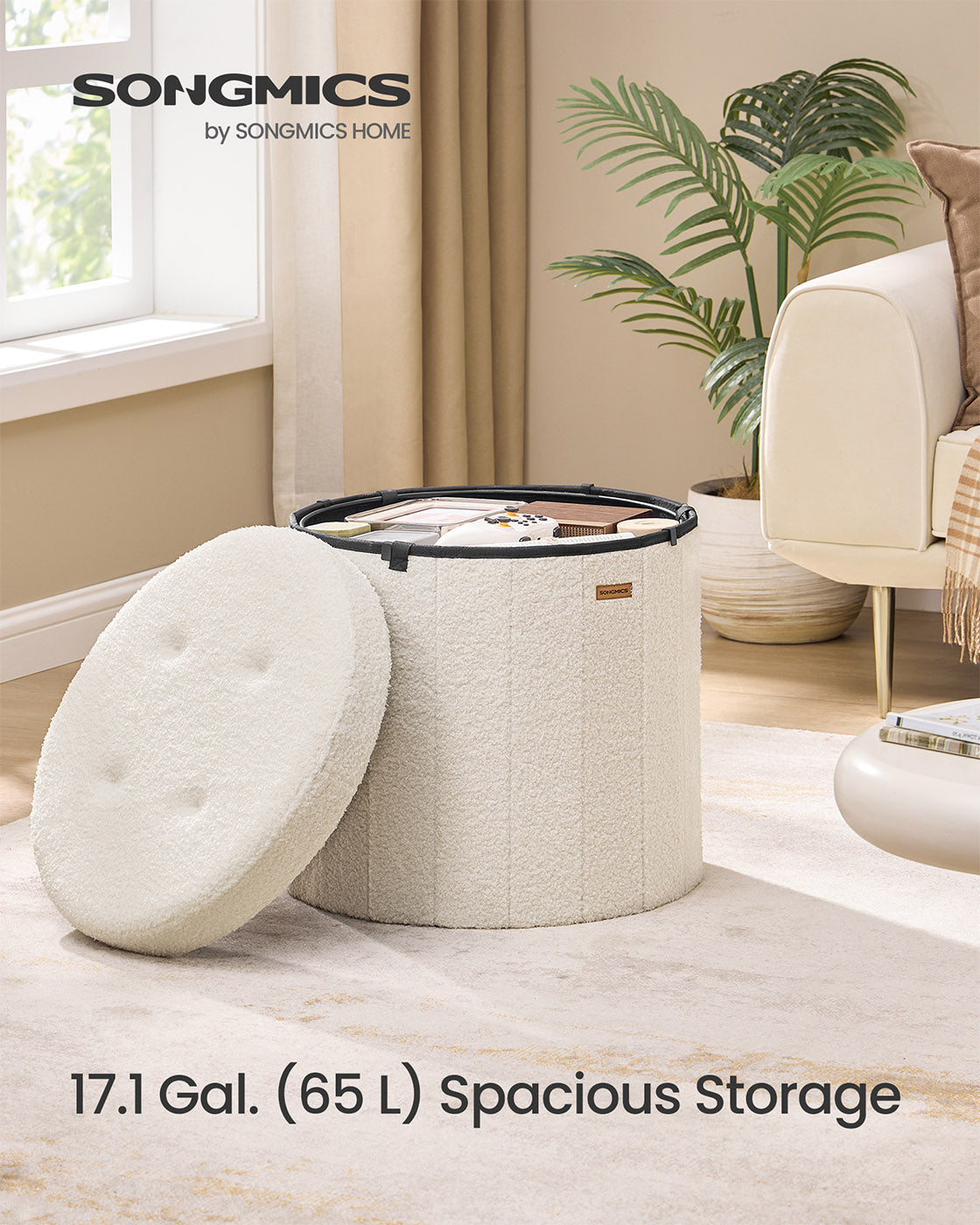 Round Storage Ottoman - Jelly Pink - Teddy Fleece