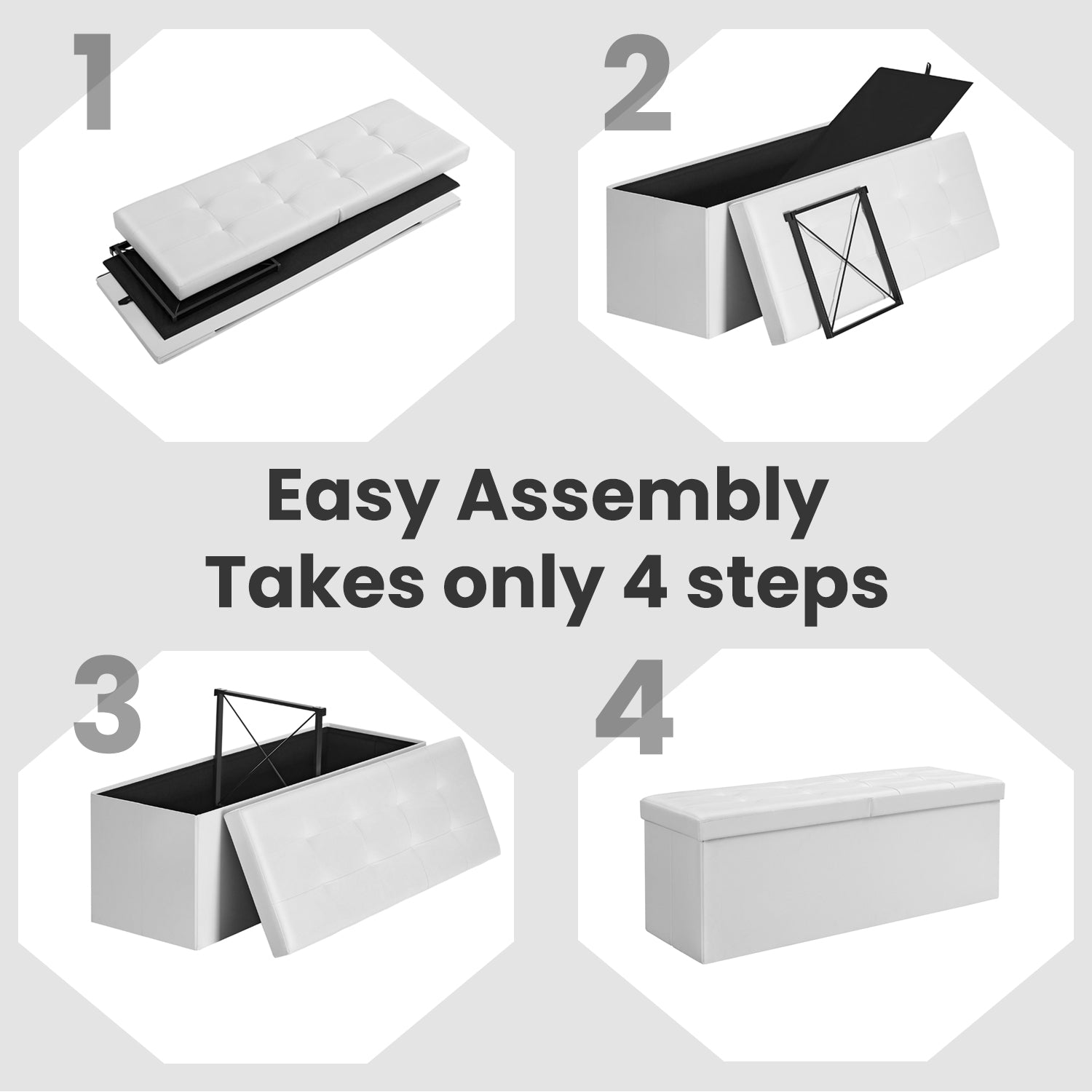Folding Storage Ottoman Bench - Fabric - White - Foldable with High Load Capacity