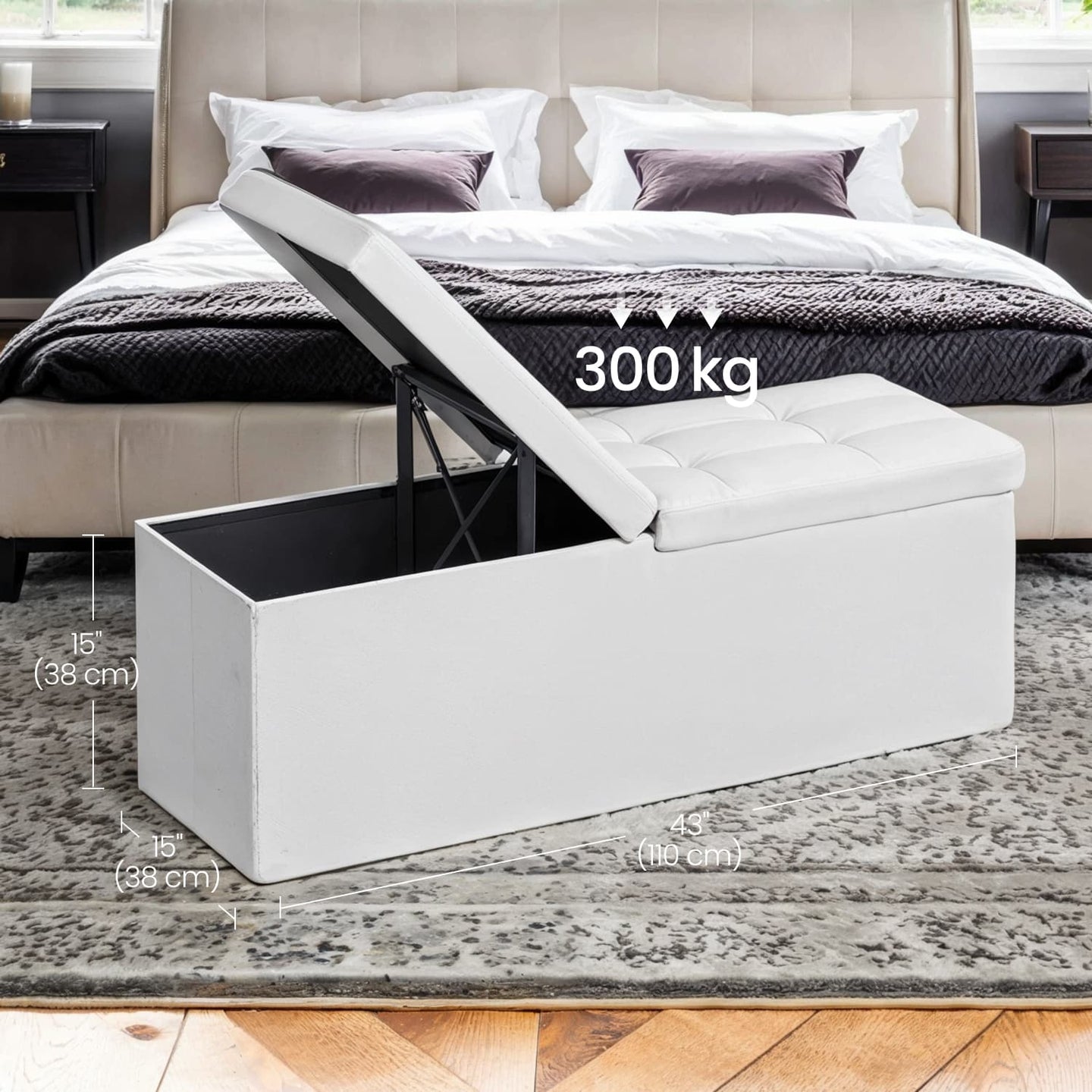Folding Storage Ottoman Bench - Fabric - White - Foldable with High Load Capacity