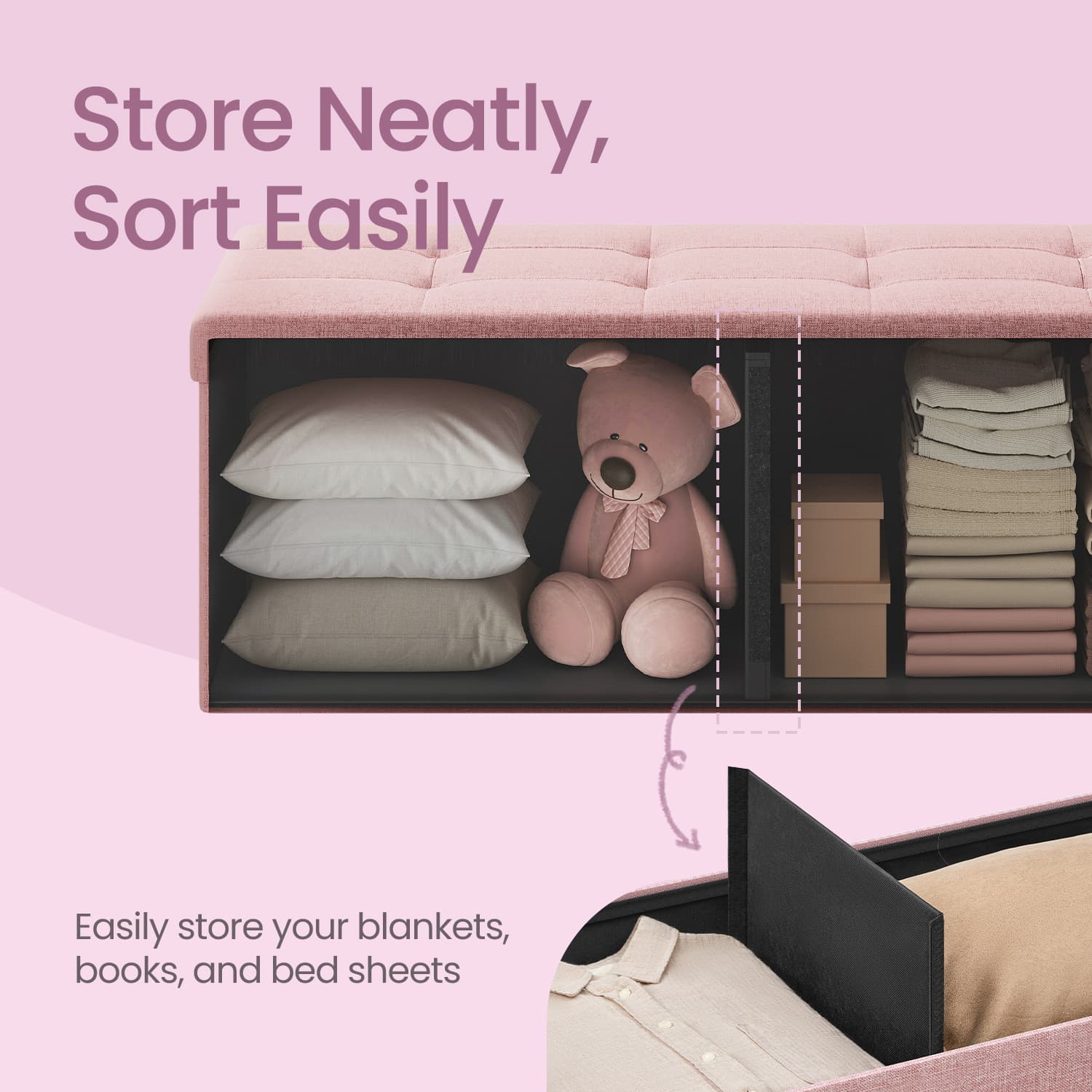 Storage Ottoman Bench - Fabric - Ink Black - Foldable with Storage
