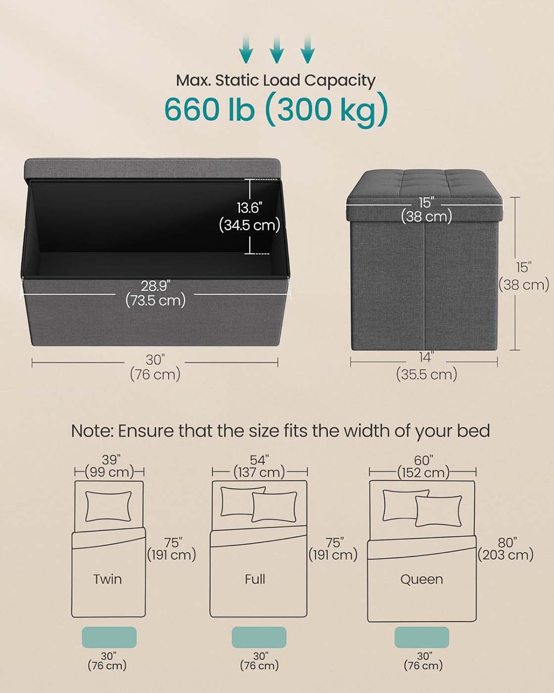 Storage Ottoman - Fabric - Ink Black - Foldable with Storage