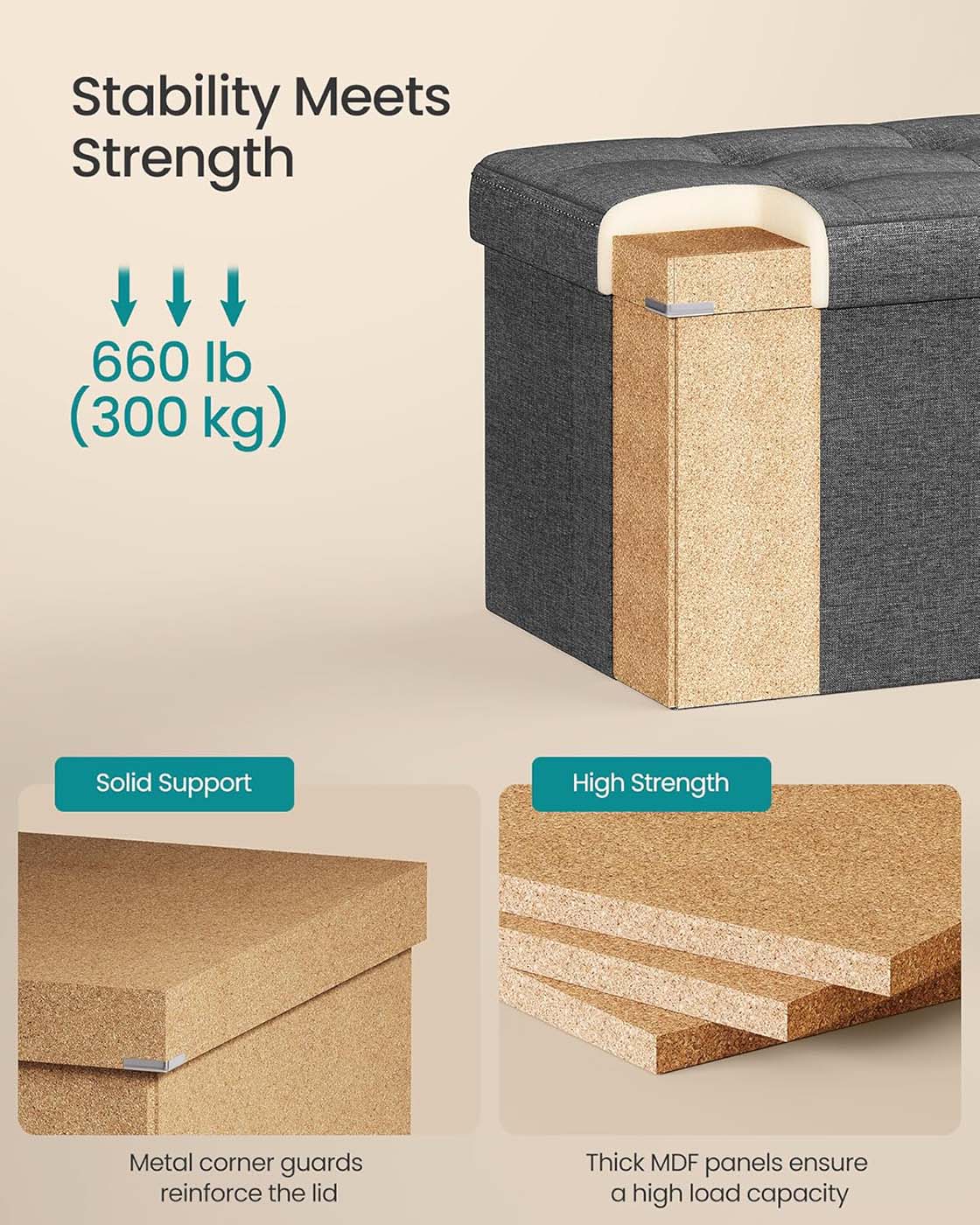 Storage Ottoman - Fabric - Ink Black - Foldable with Storage