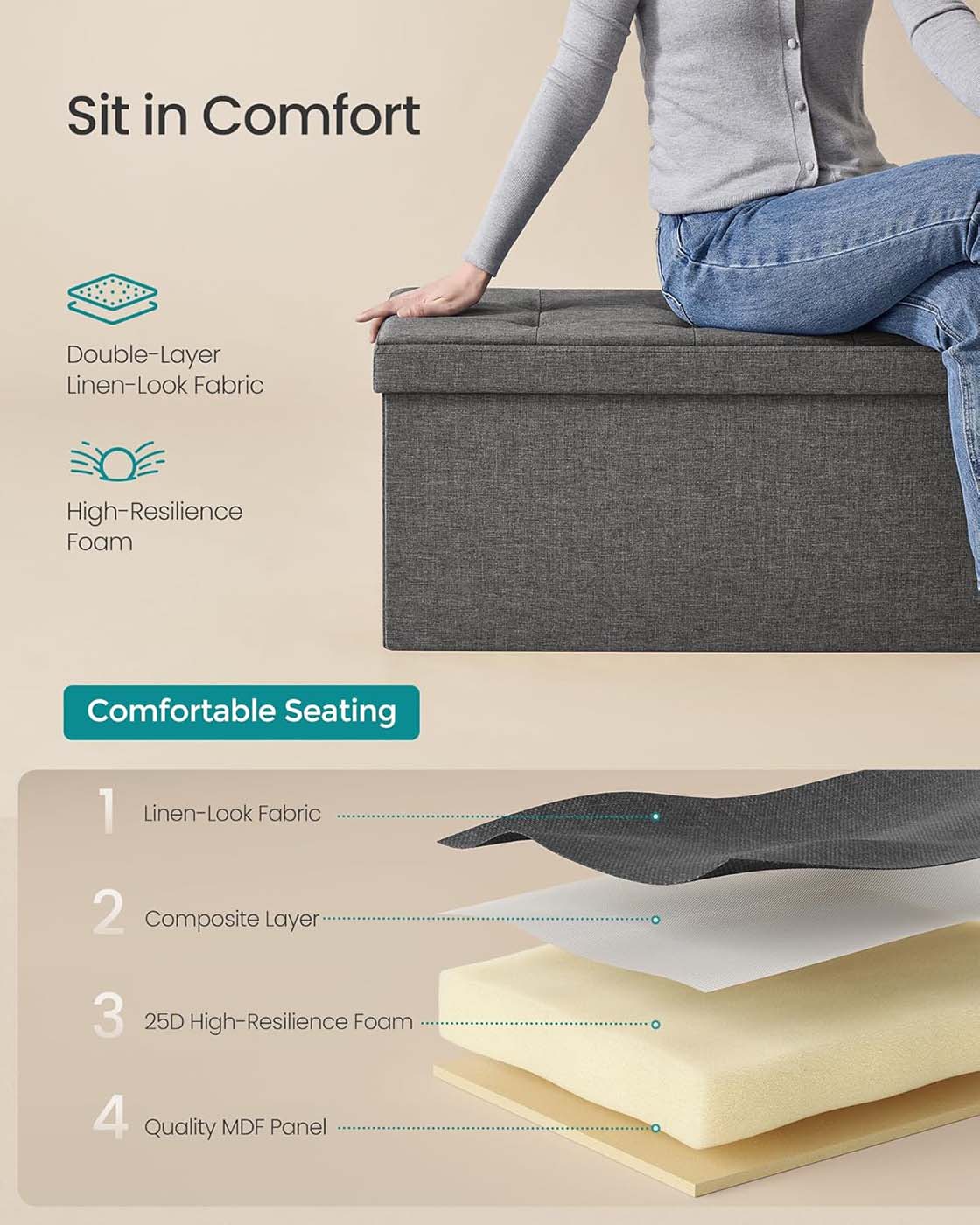 Storage Ottoman - Fabric - Ink Black - Foldable with Storage