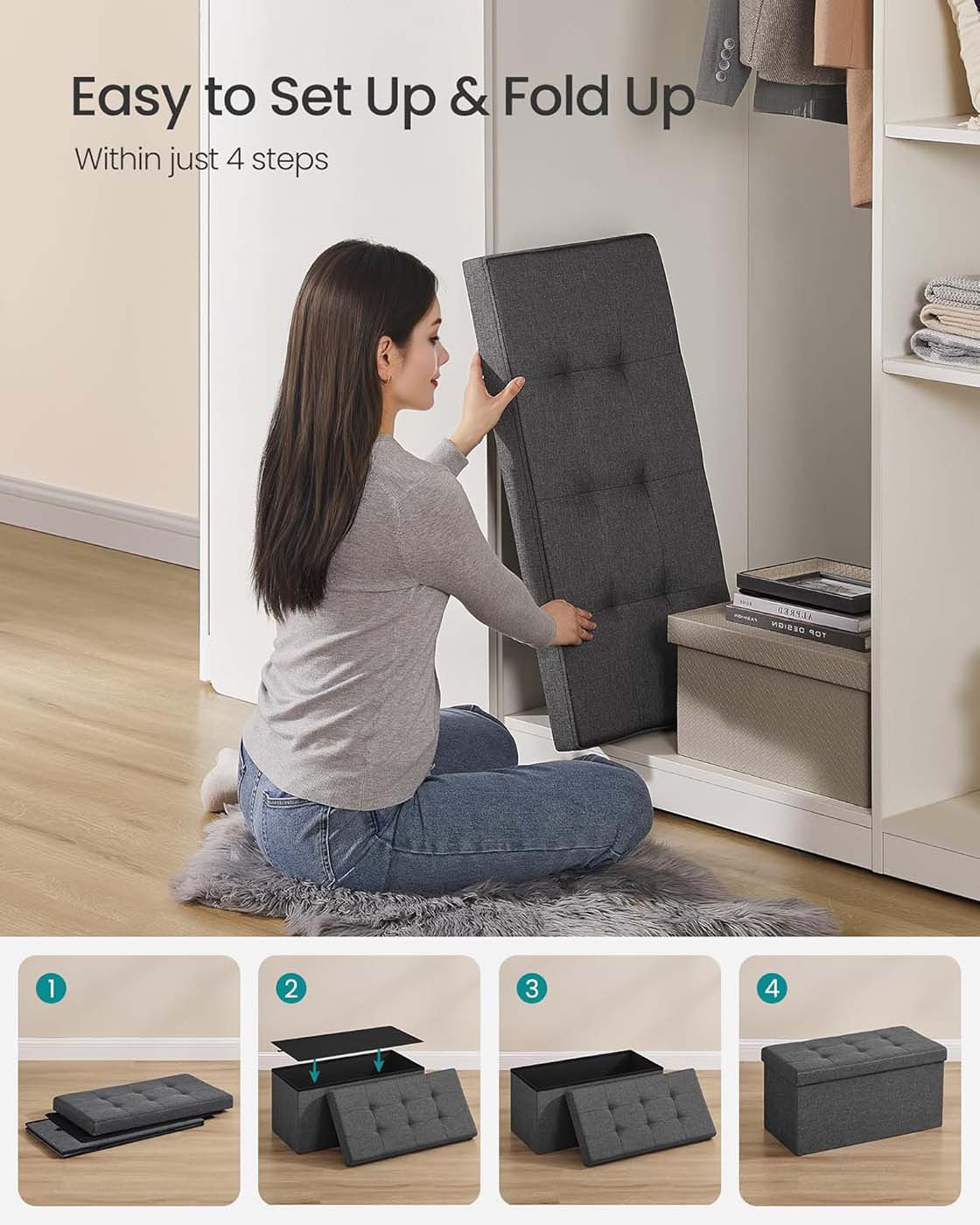 Storage Ottoman - Fabric - Ink Black - Foldable with Storage