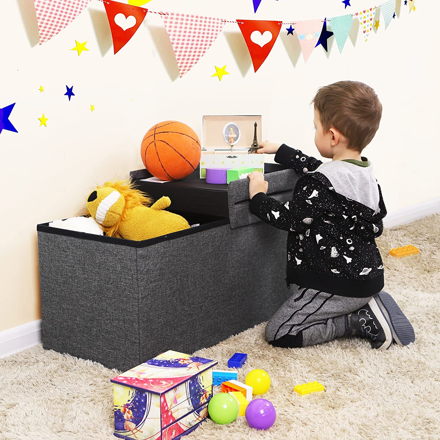 Storage Ottoman - Fabric - Grey - Foldable with Flipping Lid and 300 kg Load Capacity