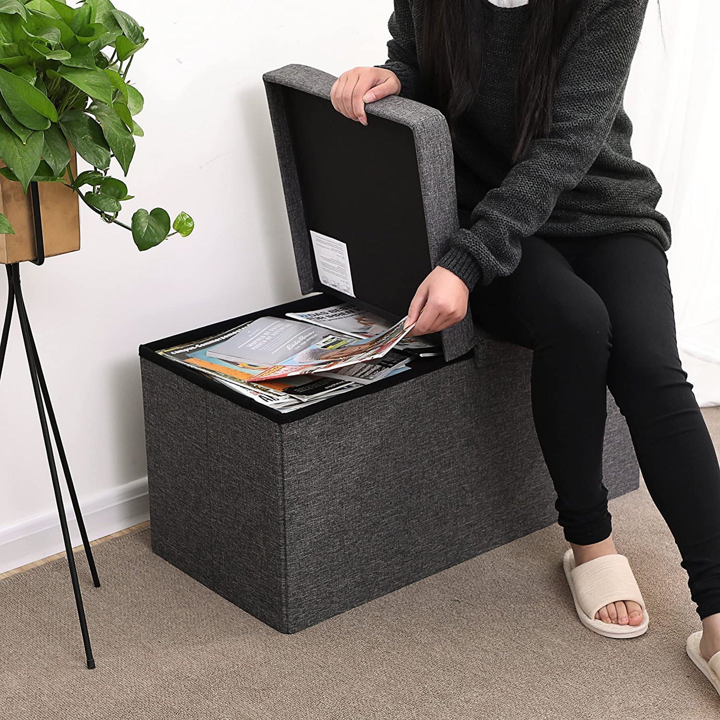 Storage Ottoman - Fabric - Grey - Foldable with Flipping Lid and 300 kg Load Capacity