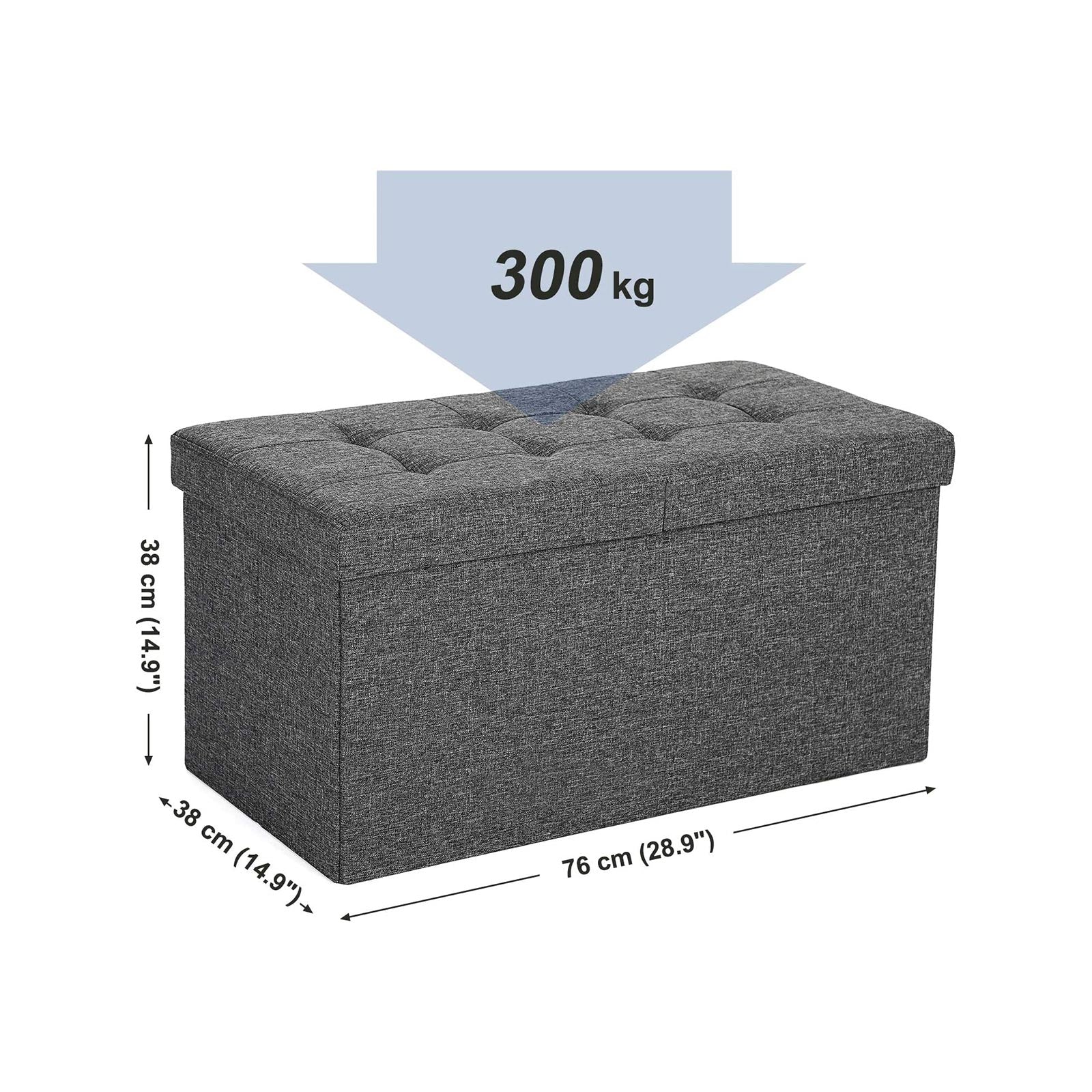 Storage Ottoman - Fabric - Grey - Foldable with Flipping Lid and 300 kg Load Capacity