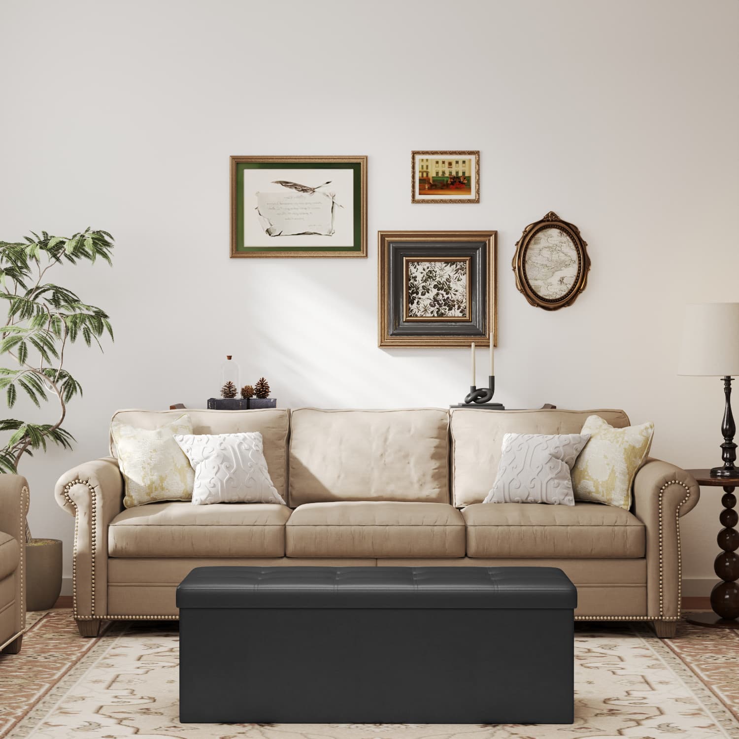 Folding Storage Bench Ottoman - Fabric - Ink Black - Multi-Functional for Living Room