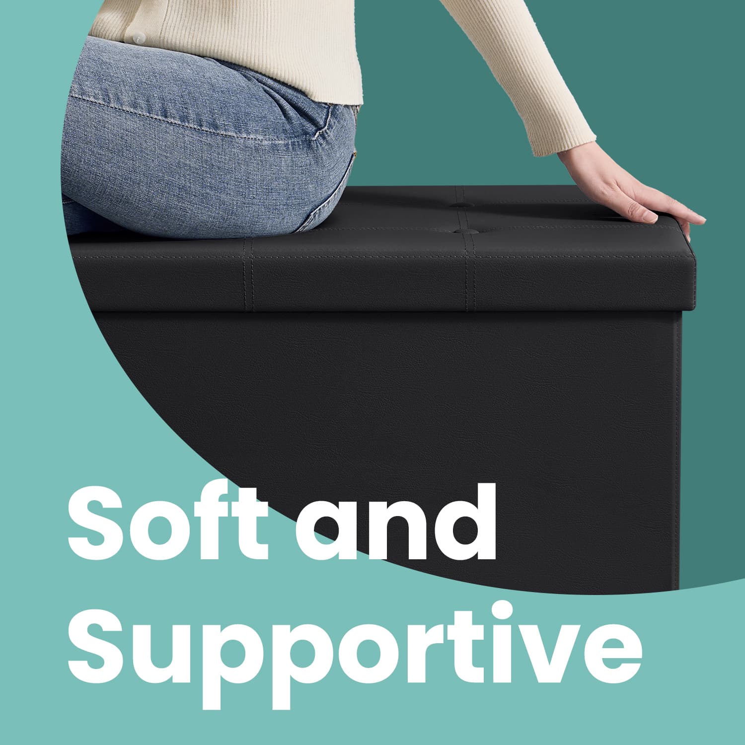 Folding Storage Bench Ottoman - Fabric - Ink Black - Multi-Functional for Living Room