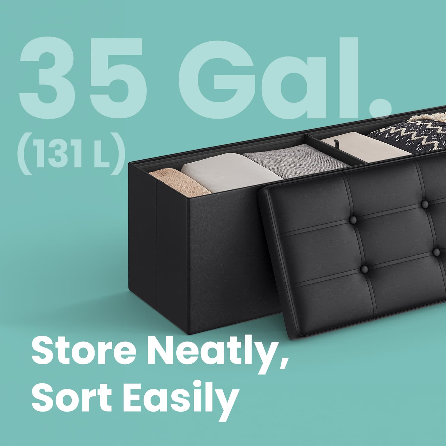 Folding Storage Bench Ottoman - Fabric - Ink Black - Multi-Functional for Living Room