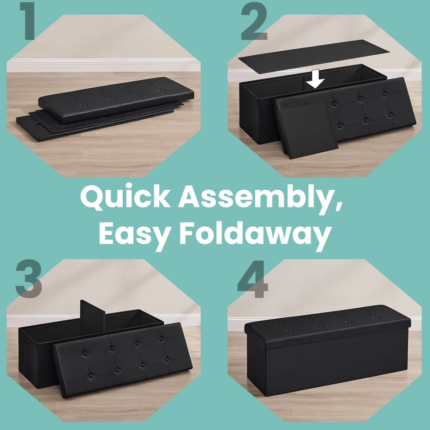 Folding Storage Bench Ottoman - Fabric - Ink Black - Multi-Functional for Living Room