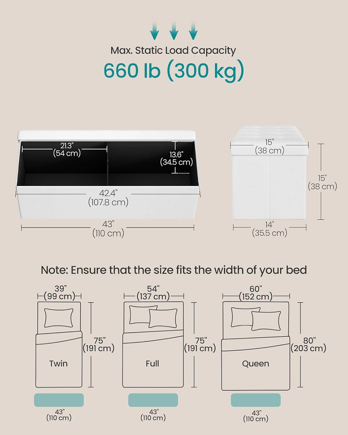 Large Storage Ottoman - Fabric - White - Foldable and Versatile with 300 kg Load Capacity