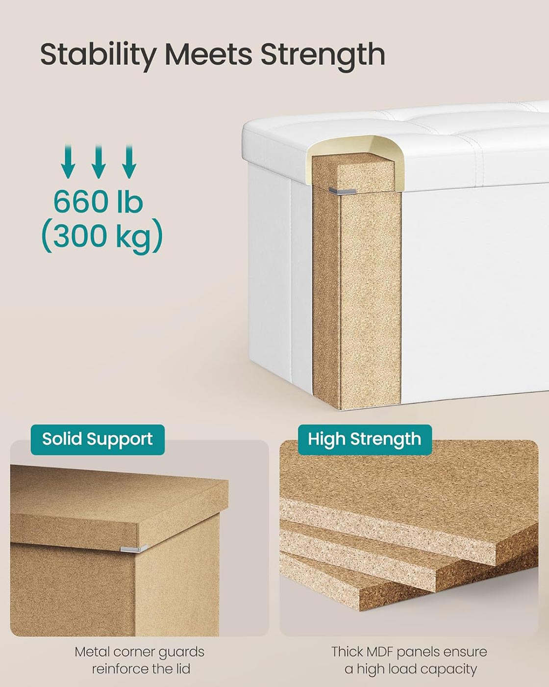 Large Storage Ottoman - Fabric - White - Foldable and Versatile with 300 kg Load Capacity