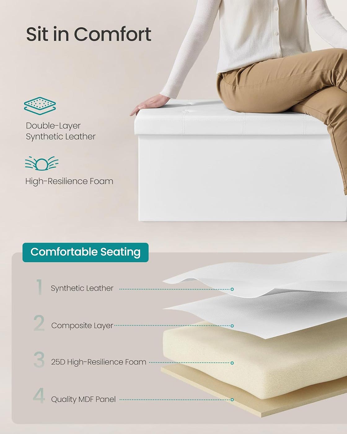 Large Storage Ottoman - Fabric - White - Foldable and Versatile with 300 kg Load Capacity