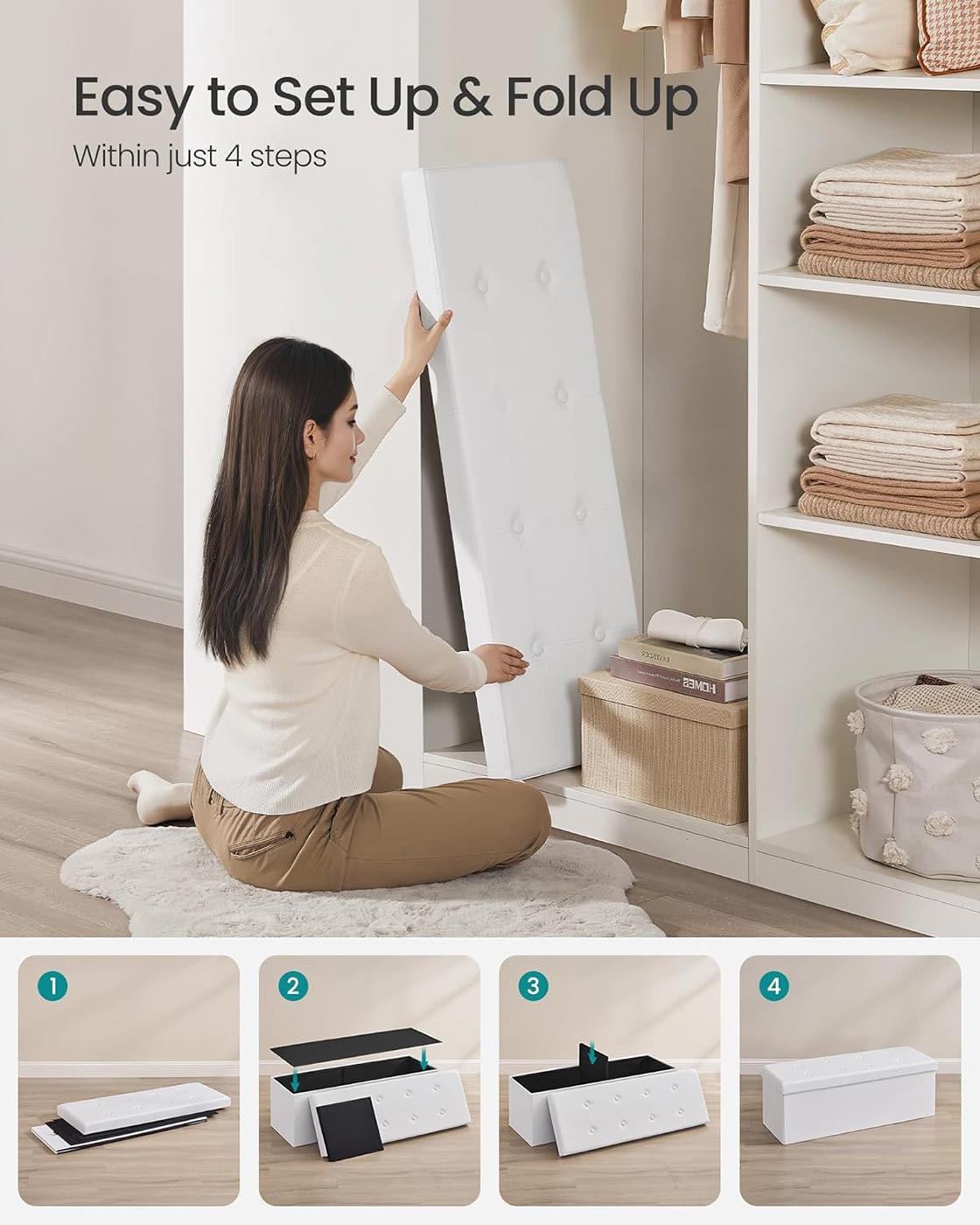 Large Storage Ottoman - Fabric - White - Foldable and Versatile with 300 kg Load Capacity