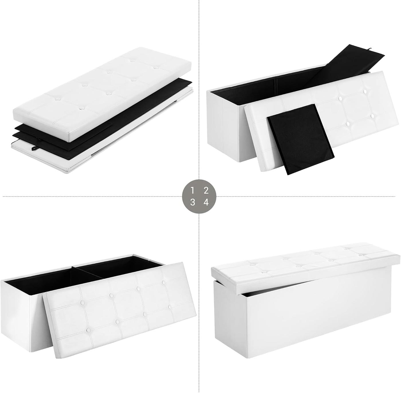 Large Storage Ottoman - Fabric - White - Foldable and Versatile with 300 kg Load Capacity