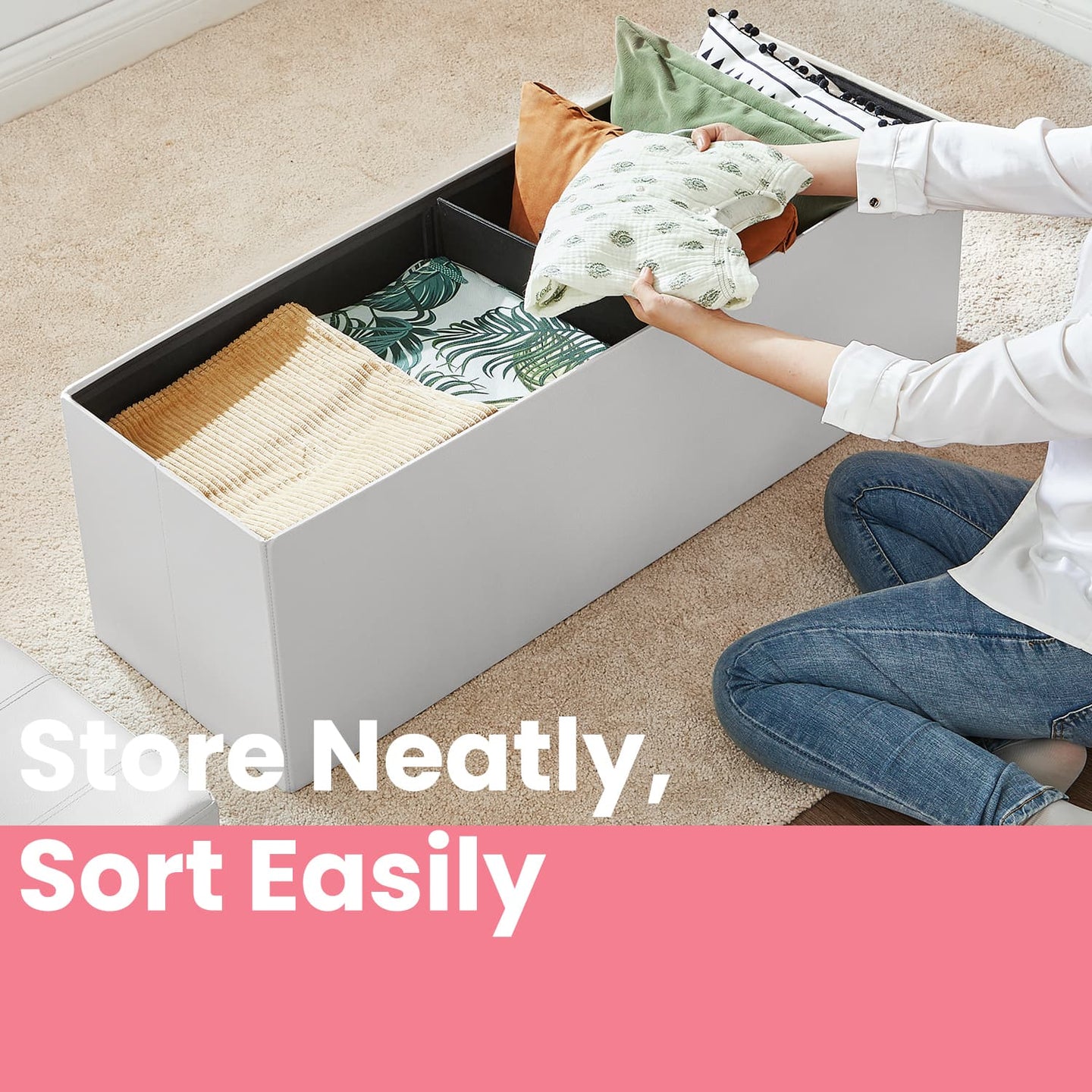 Folding Storage Bench Ottoman - Fabric - Ink Black - Multi-Functional for Living Room